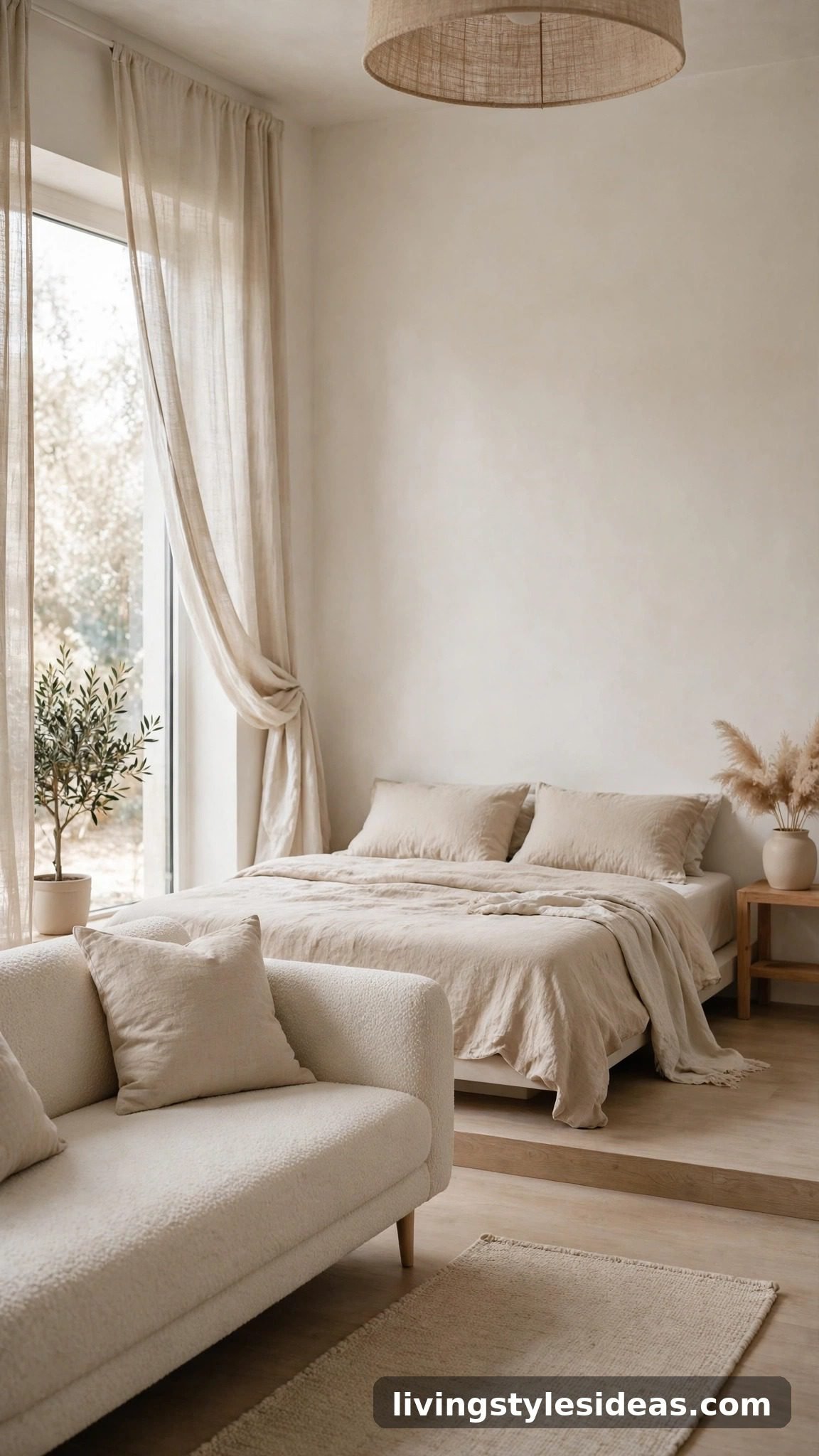 Minimalist monochrome studio in warm whites with low-profile furniture