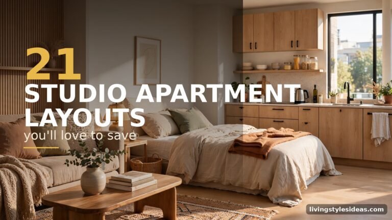 Featured collage-style view of a styled studio apartment with living and sleeping zones