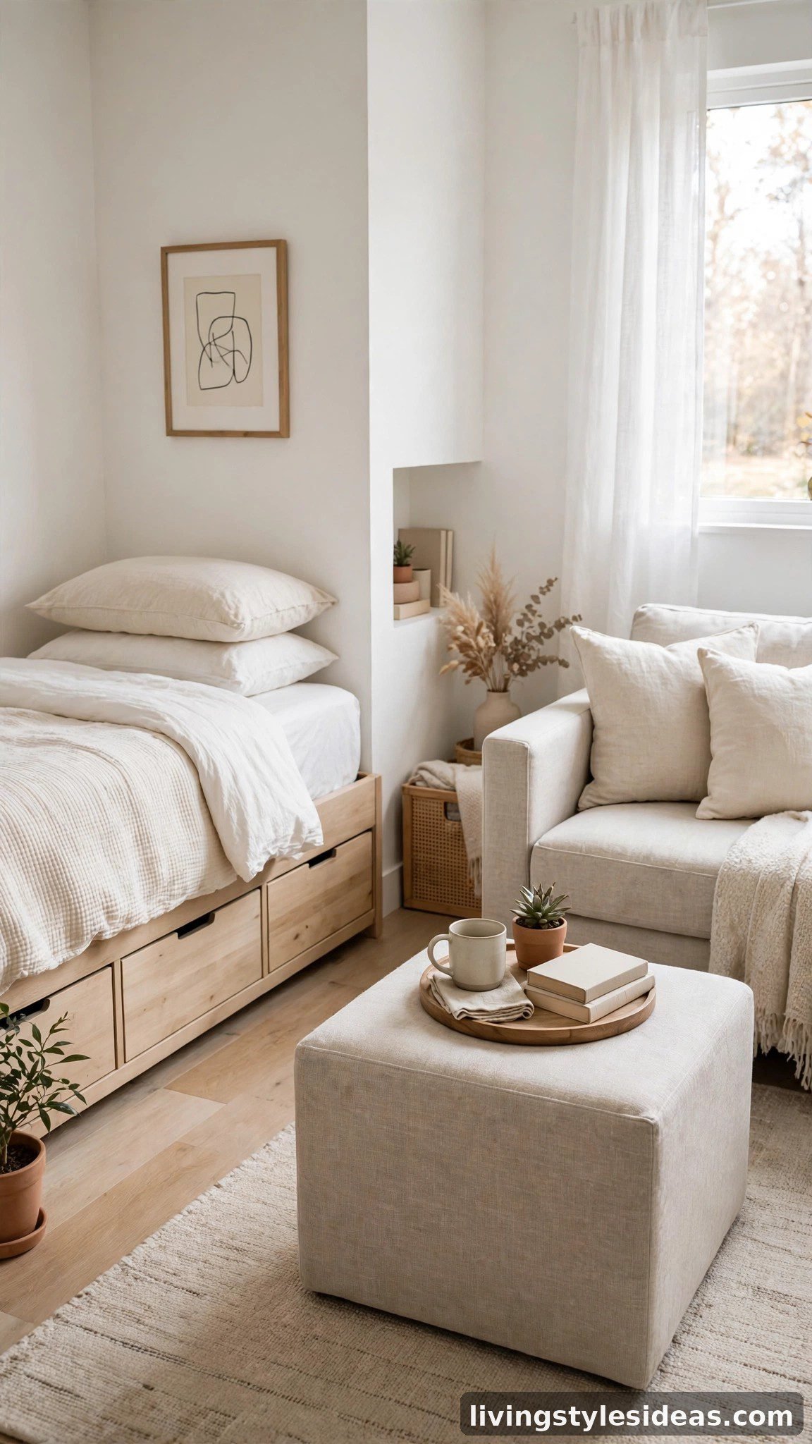 Multi-functional storage ottoman and bed with drawers in a tidy clean studio apartment