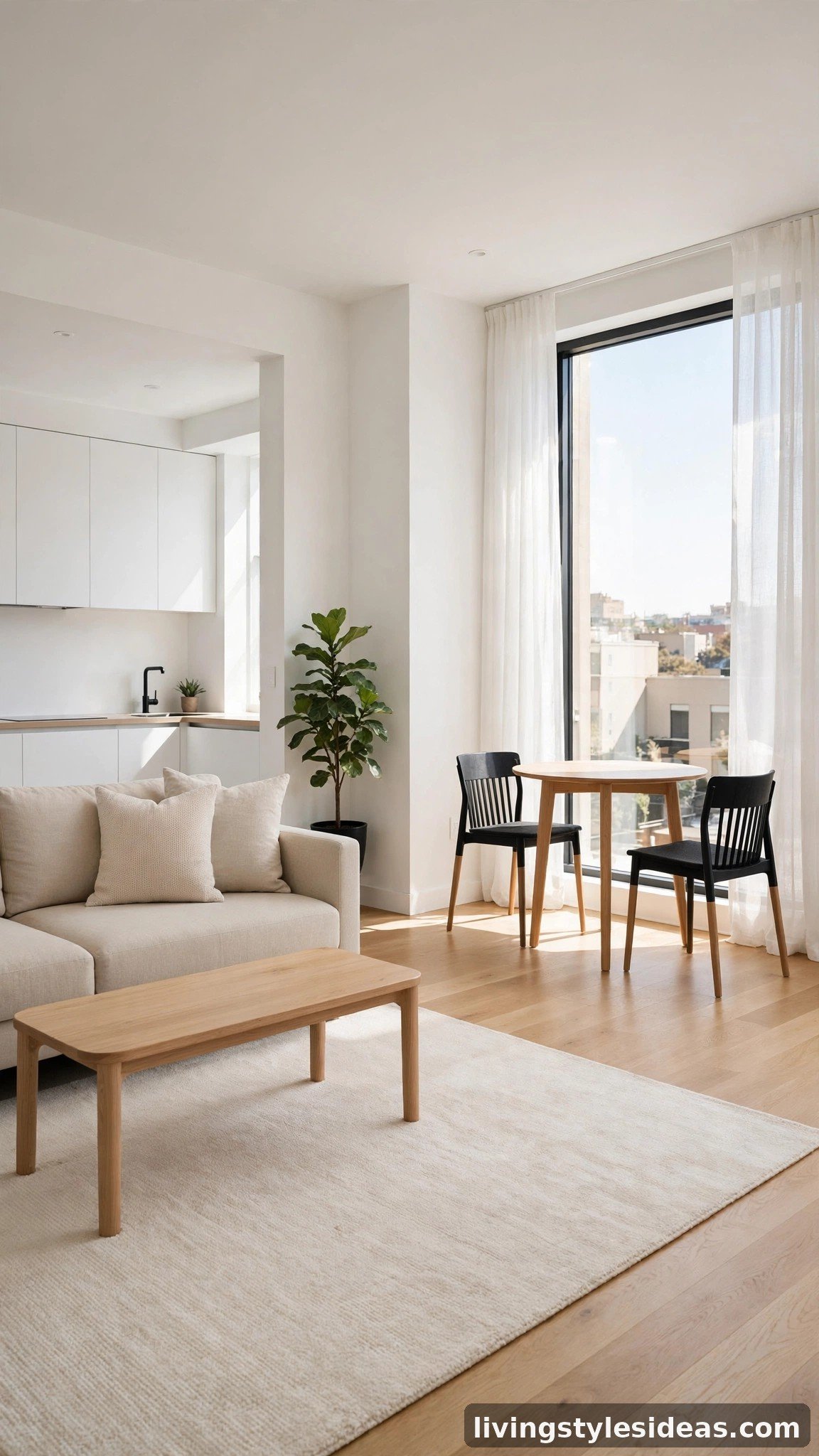 Open-plan studio apartment with rug-defined living and dining zones in a clean white design