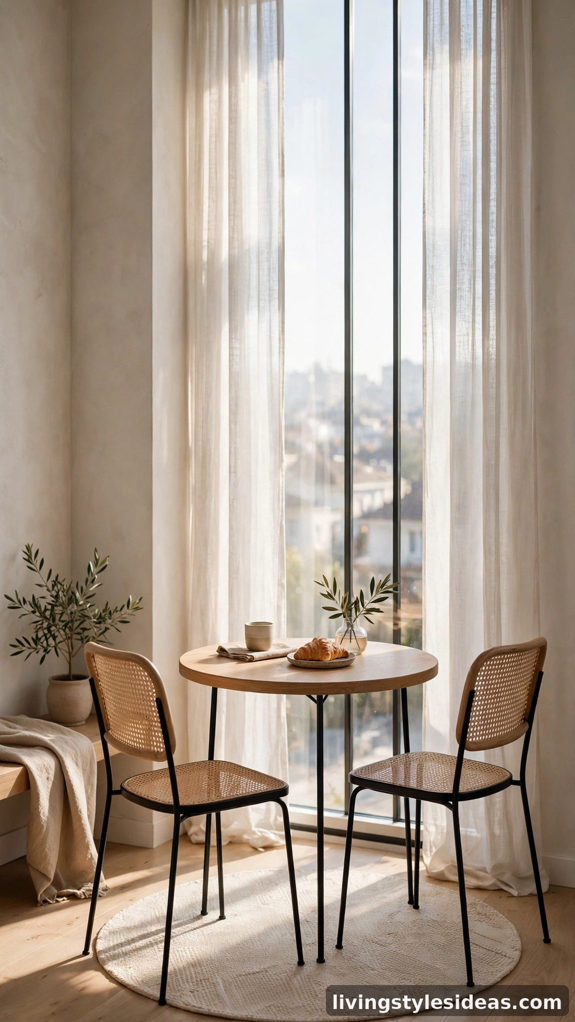 Small round bistro table and two chairs by the window in a studio apartment dining corner