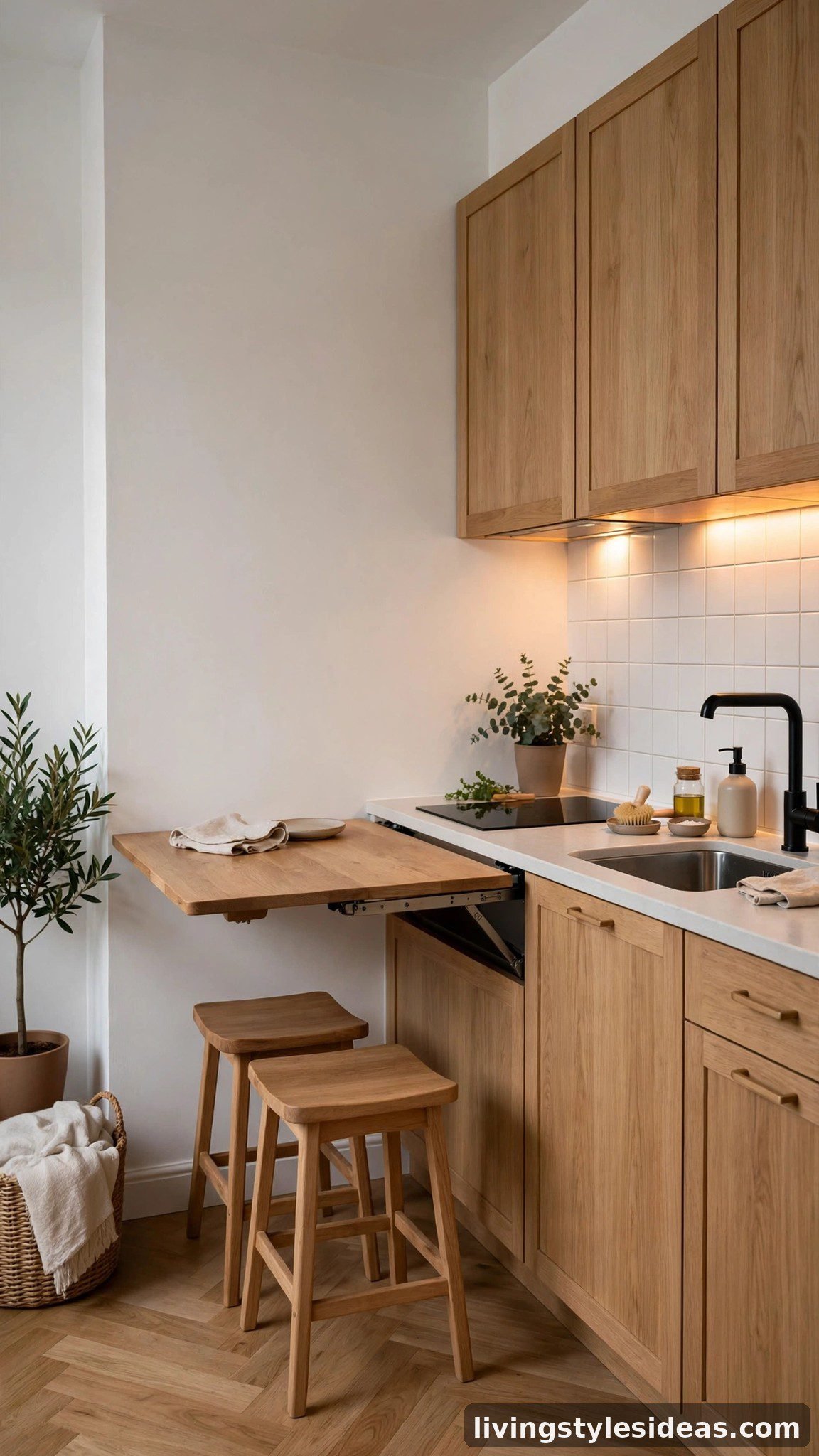 Fold-down wall-mounted dining table opened for two with stools in a tiny studio apartment