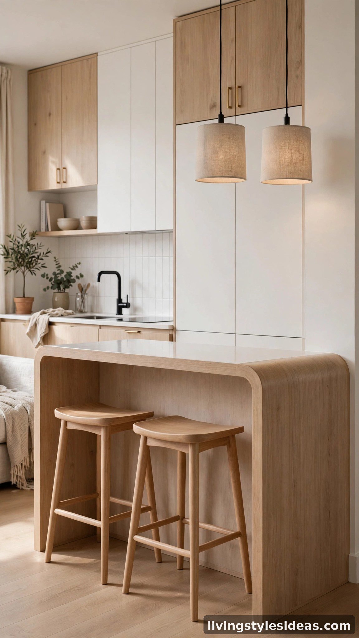 Kitchen island with pendant lights and two stools doubling as a dining spot in a studio apartment