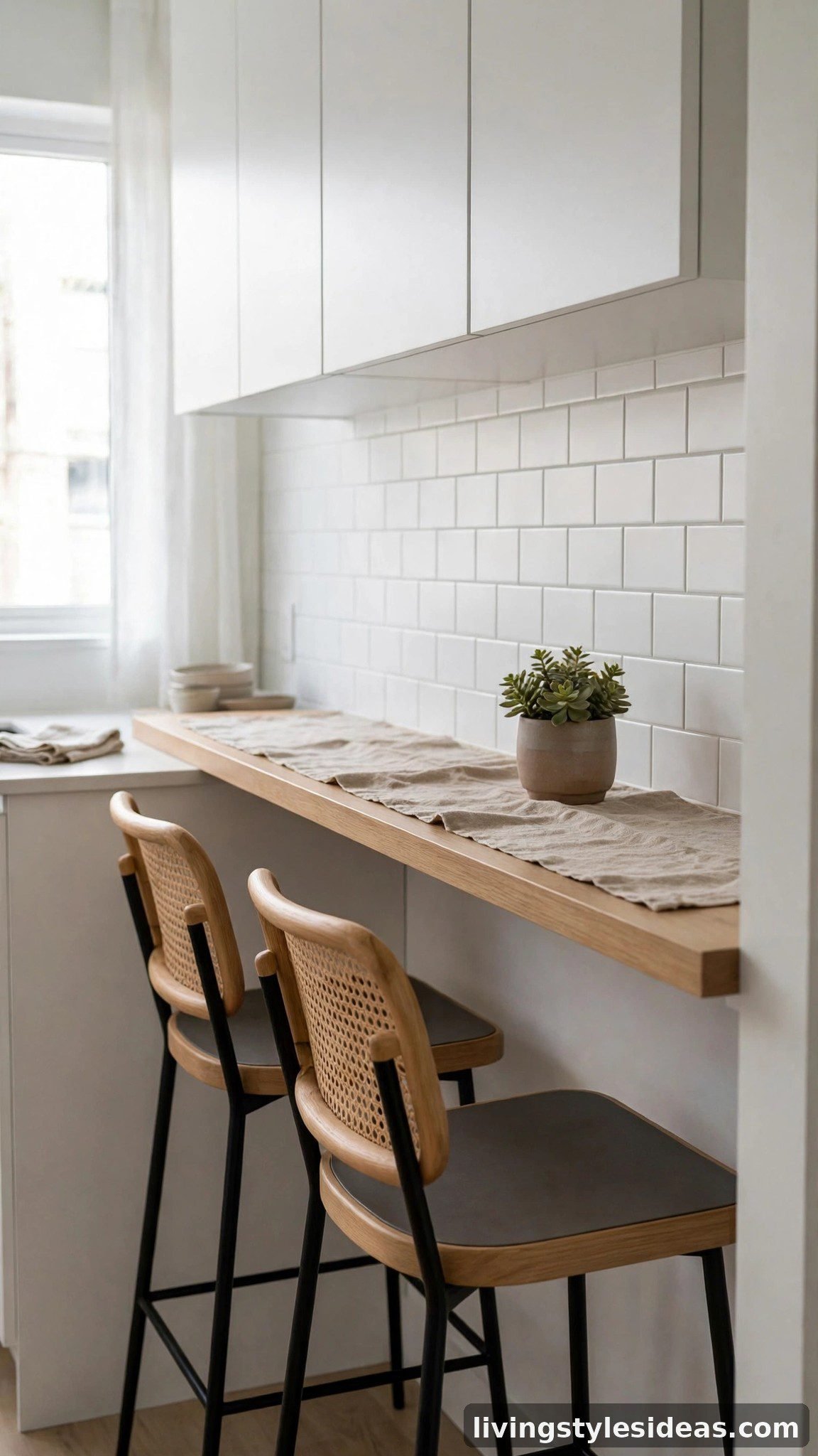 Narrow bar counter along the kitchen wall with stools serving as a small dining area in a studio