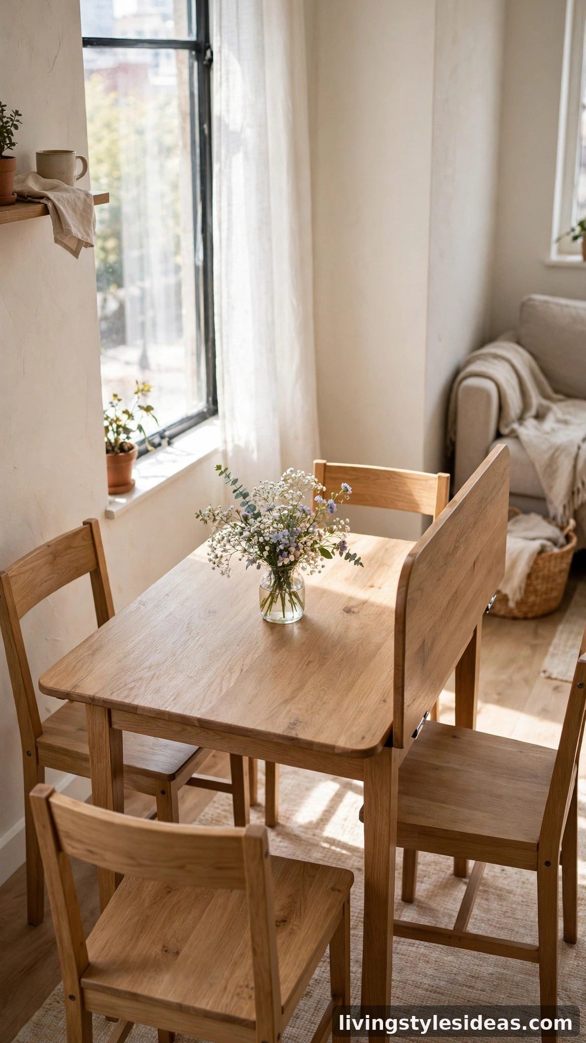 Drop-leaf dining table half-opened with four chairs in a small studio apartment living area
