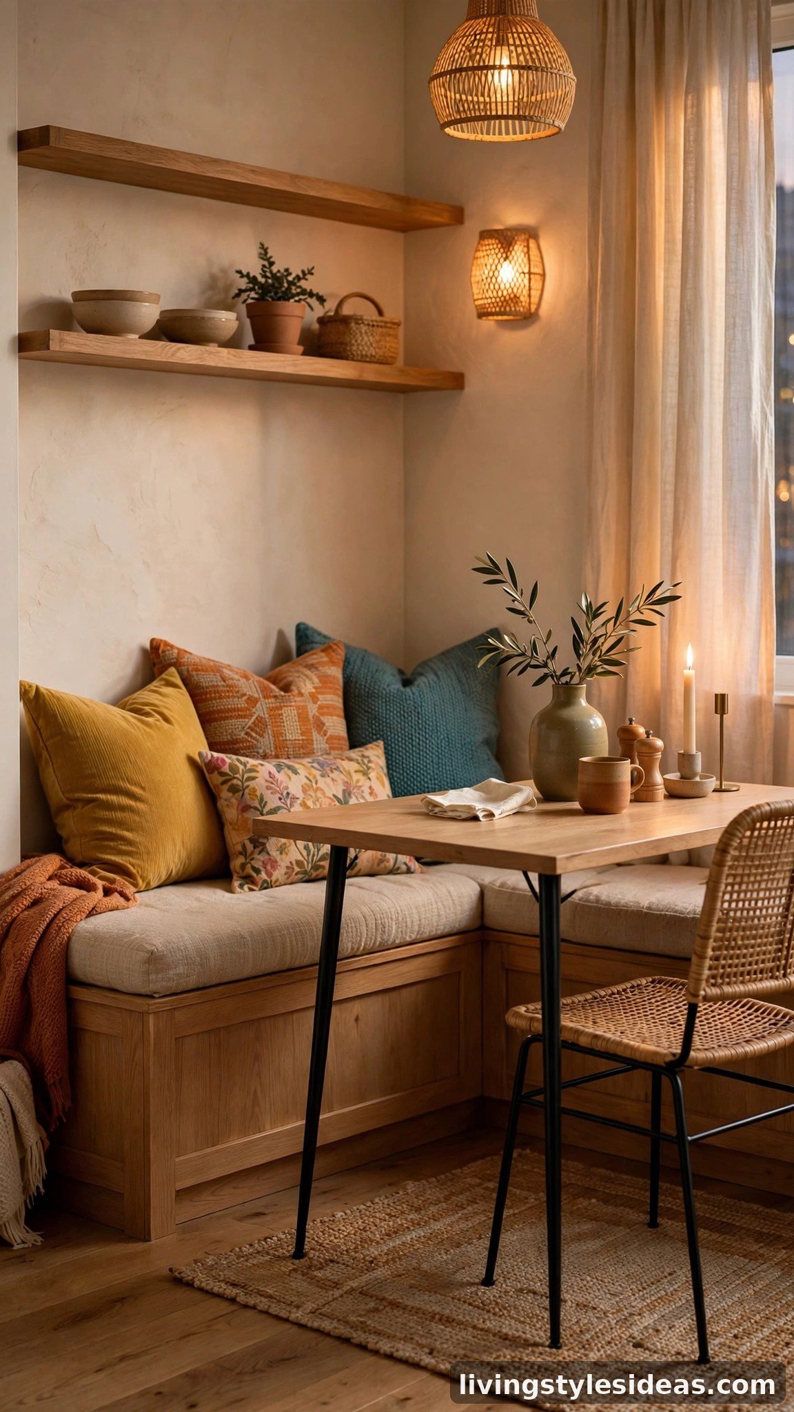 Cozy banquette nook with storage bench, cushions and a slim dining table in a studio apartment corner
