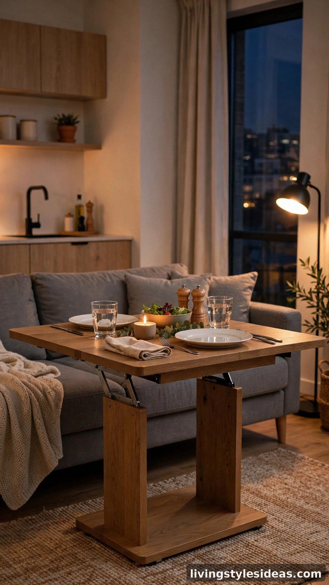 Lift-top coffee table raised to dining height with a sofa as seating in a studio apartment