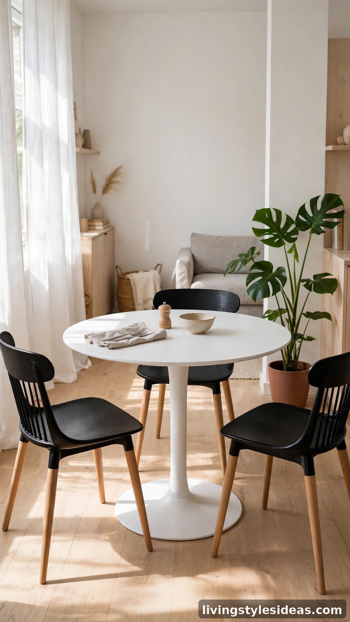 Round pedestal dining table with three chairs in a bright small studio apartment dining spot