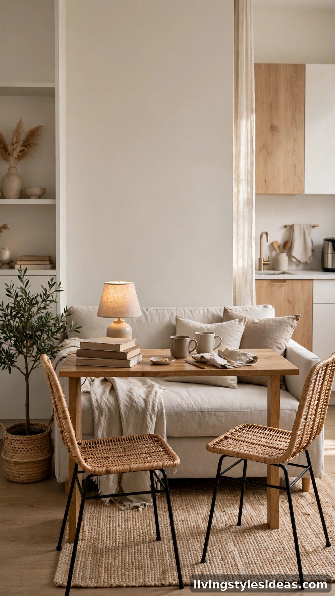 Narrow console table pulled out from behind the sofa as a table for two in a studio apartment