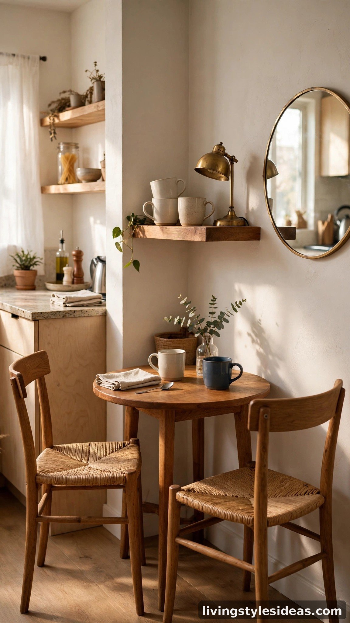 Tiny corner cafe table for two with chairs and a wall shelf in a studio apartment