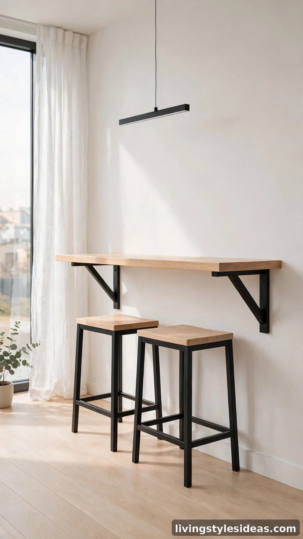 Floating breakfast bar mounted on the wall with two stools underneath in a minimalist studio