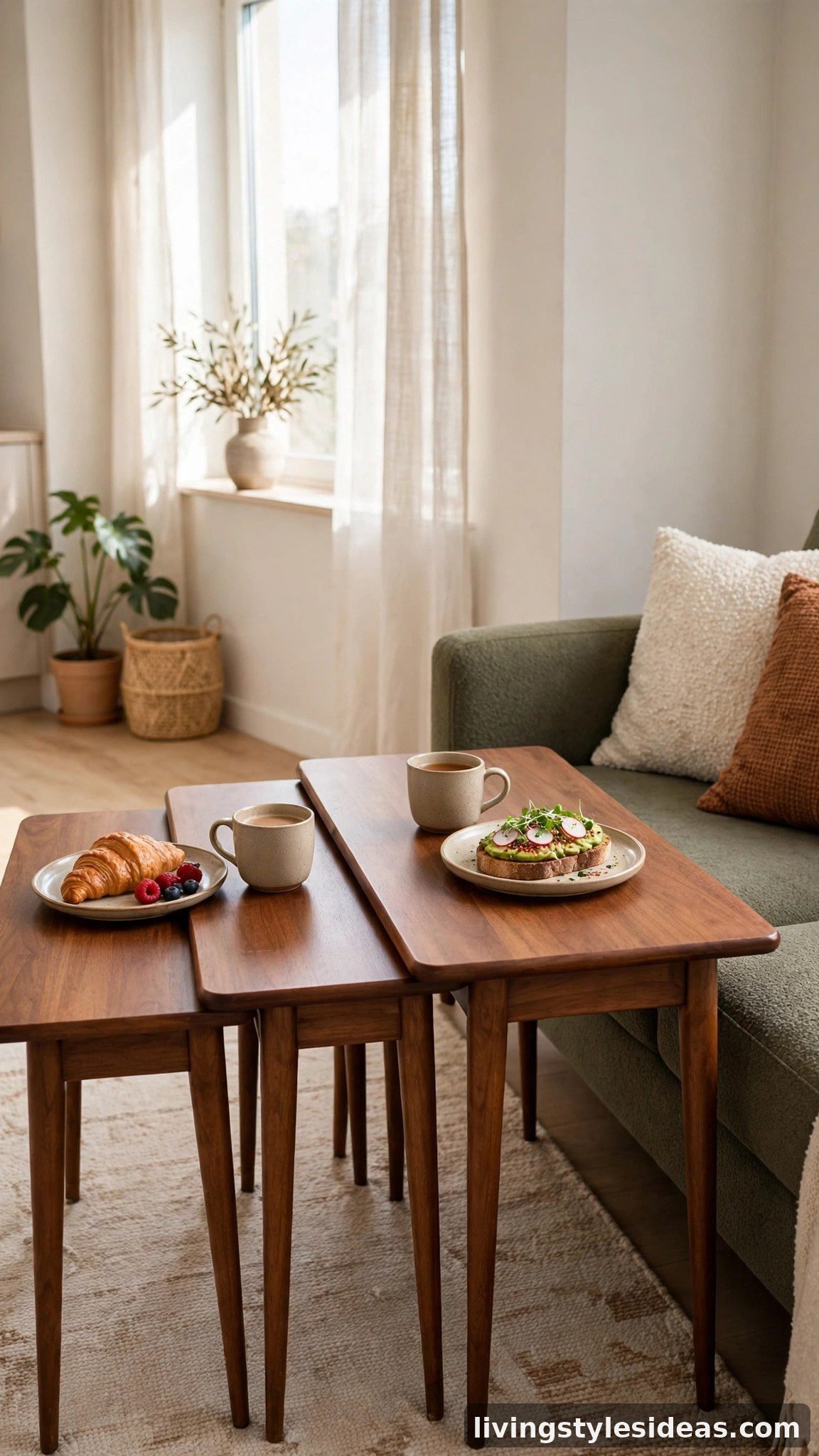 Nesting tables fanned out as an expandable dining surface beside the sofa in a studio apartment