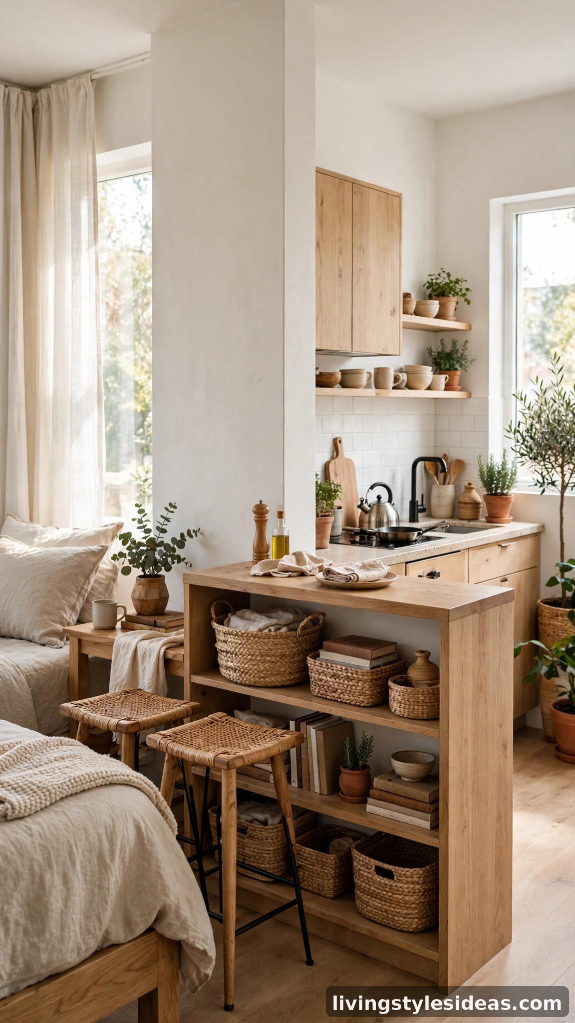 Low open counter dividing the sleeping and kitchen zones, used as a dining ledge with stools