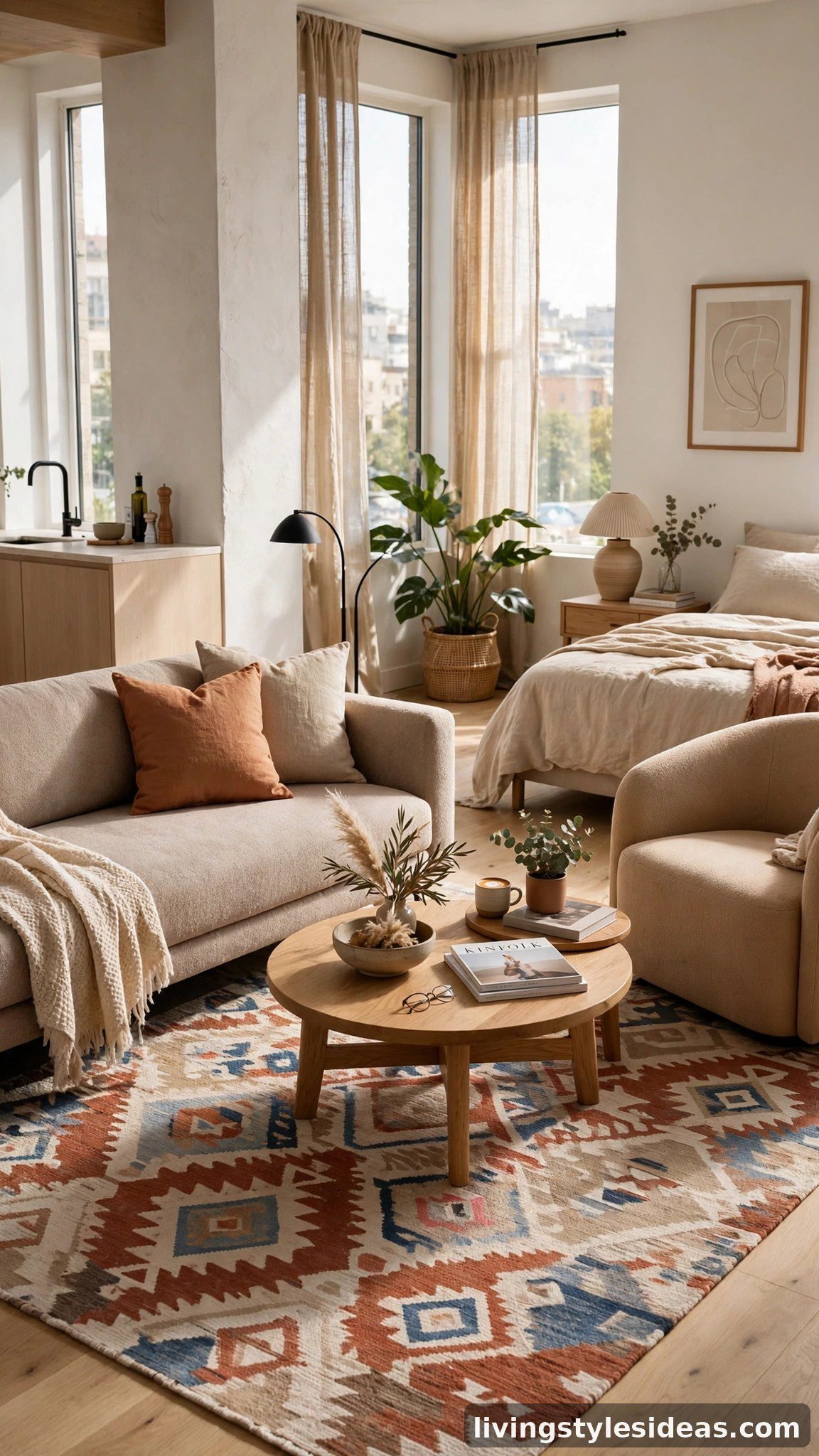 Studio apartment with an area rug defining the living zone around a modern sofa