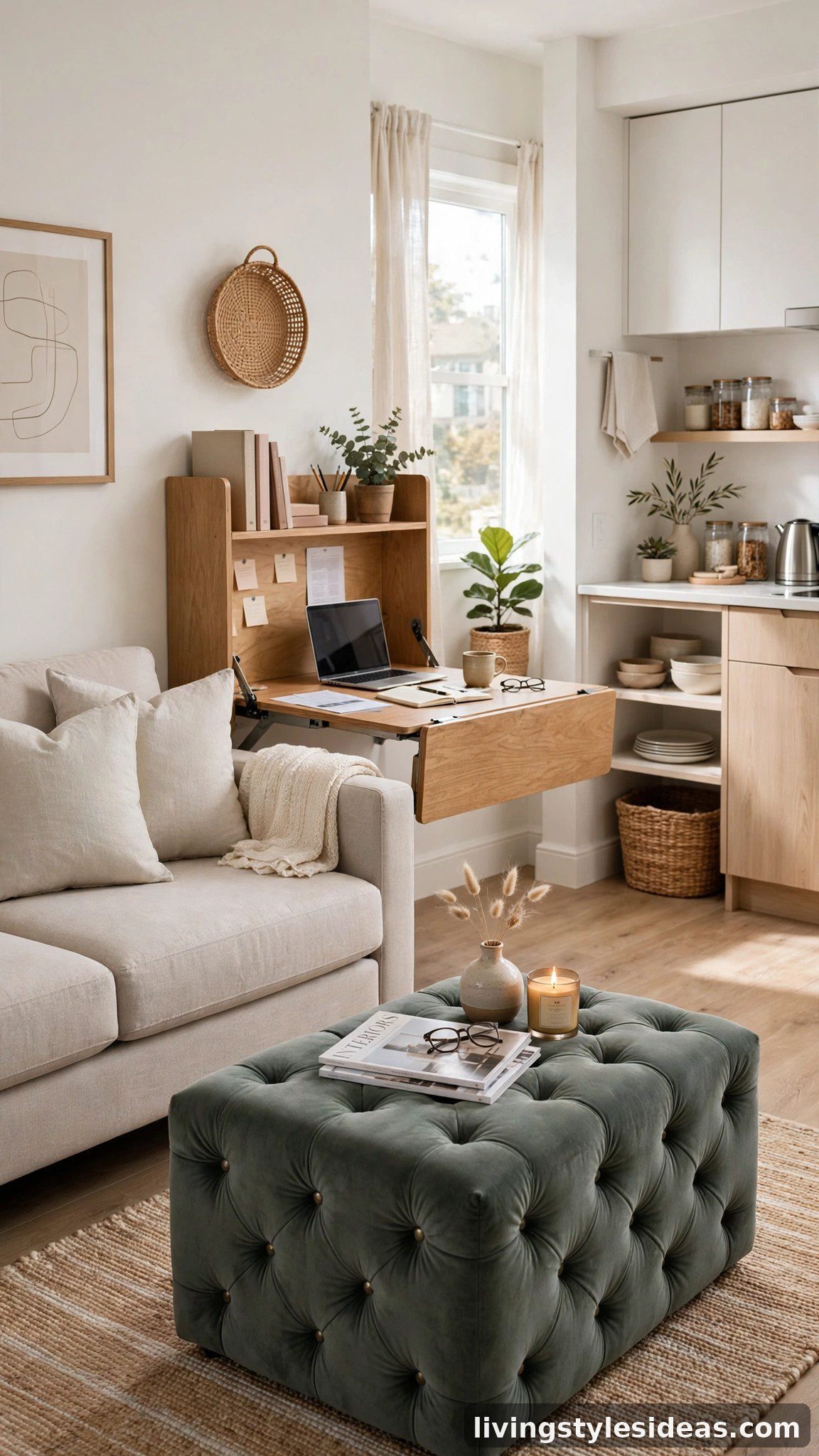 Multifunctional furniture in a studio apartment including a storage ottoman and sleeper sofa