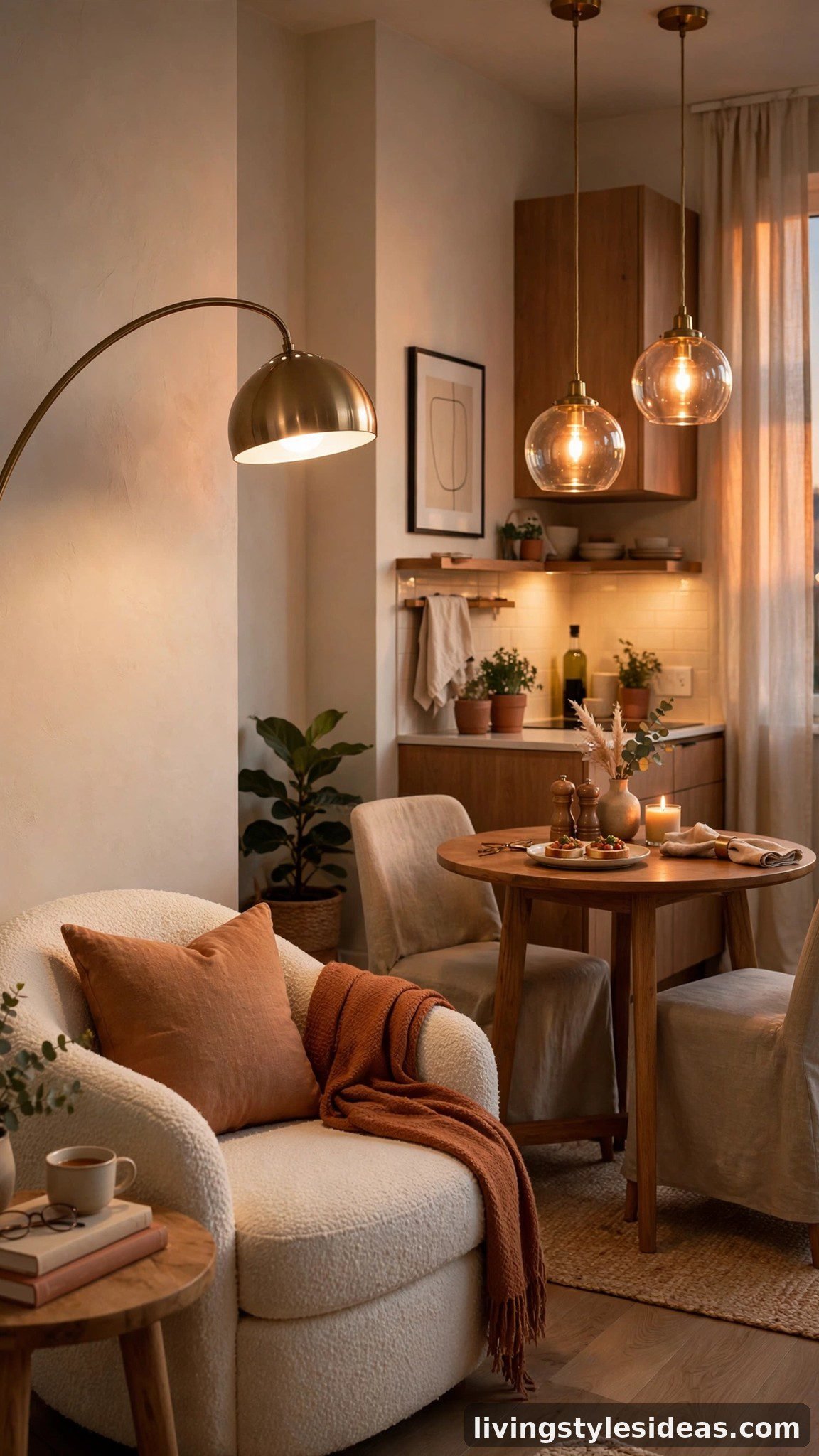Arc floor lamp and pendant lights glowing warmly in an upgraded studio apartment