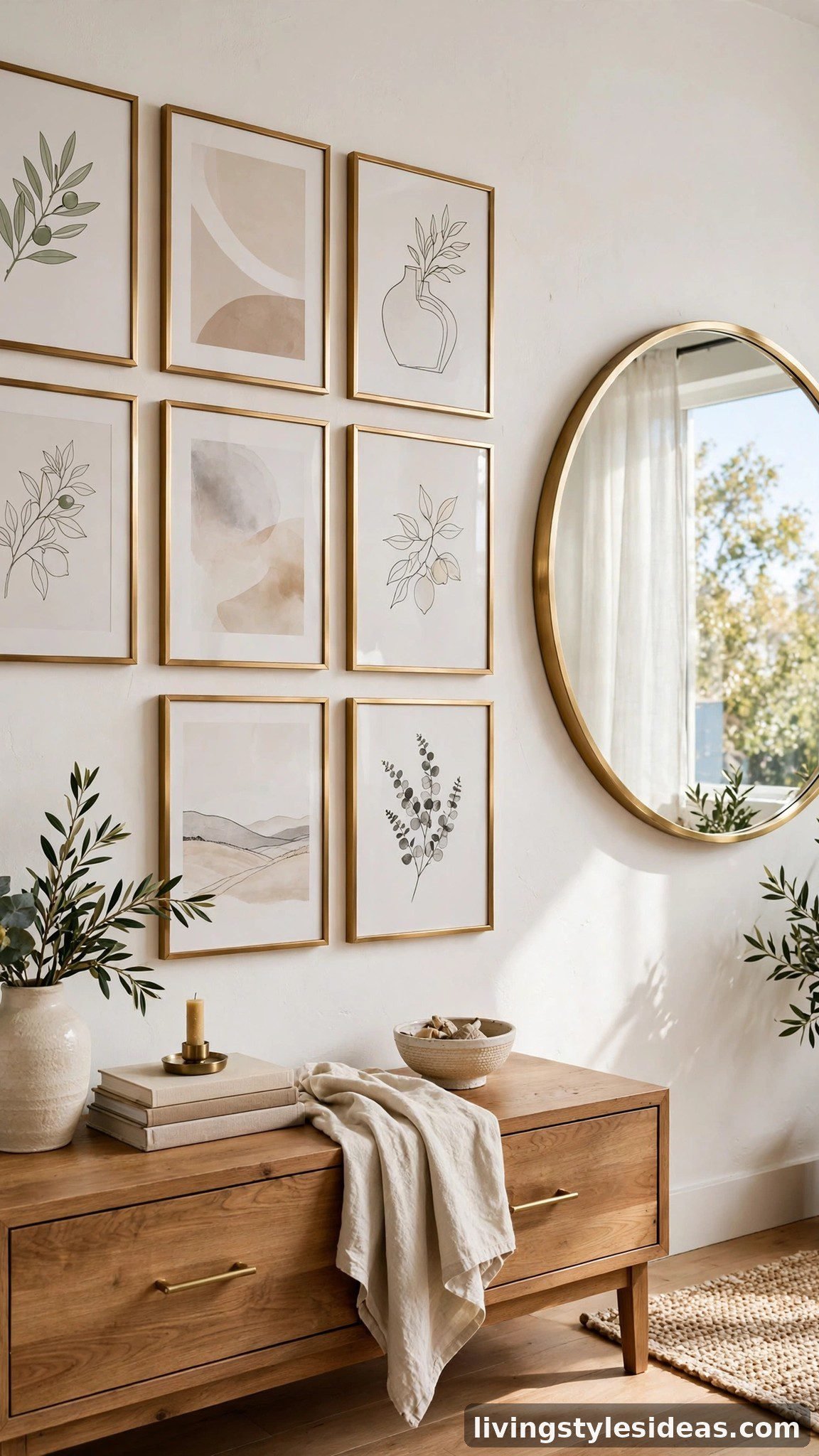 Gallery wall of framed art and a large round mirror styled above a console in a studio