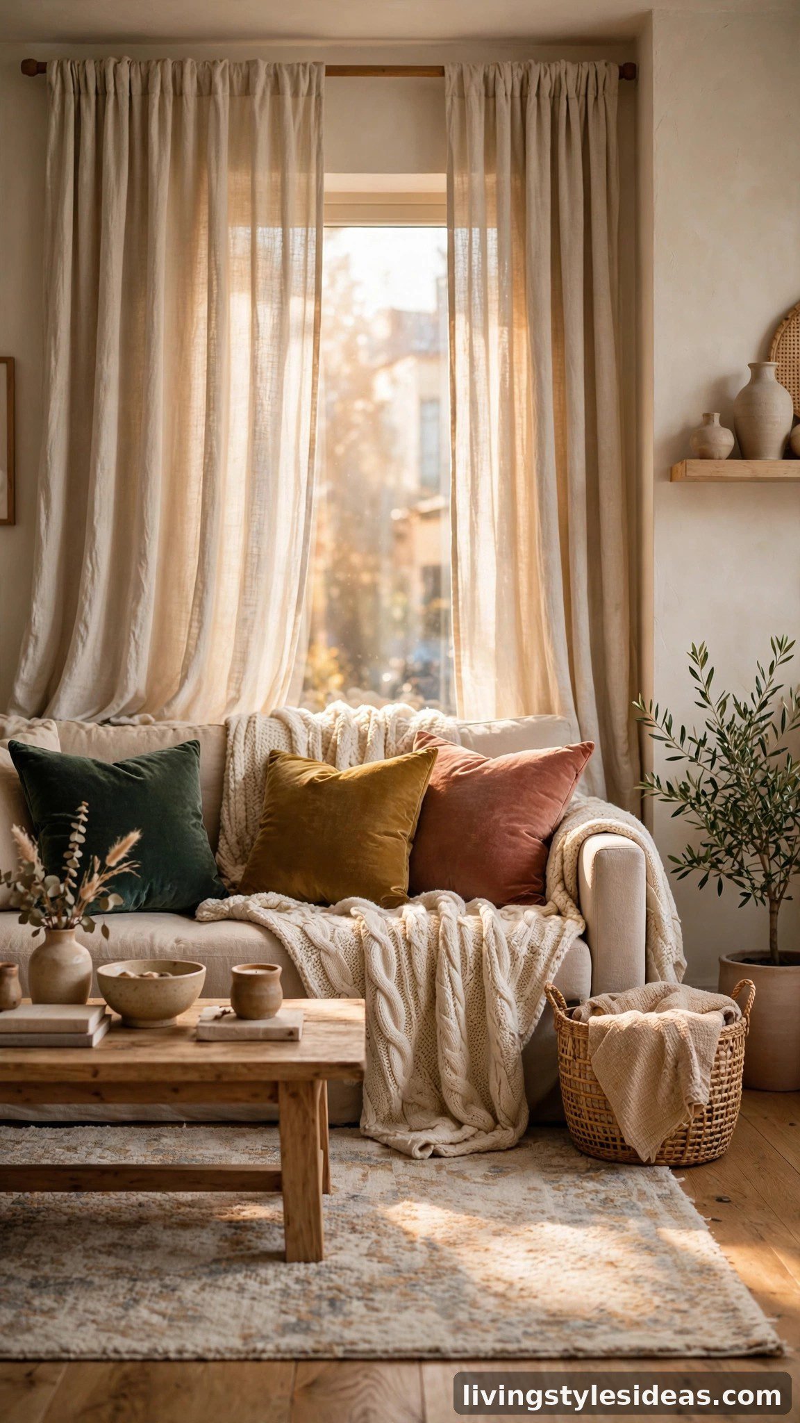 Layered textiles in a studio apartment with linen curtains, knit throw and velvet cushions