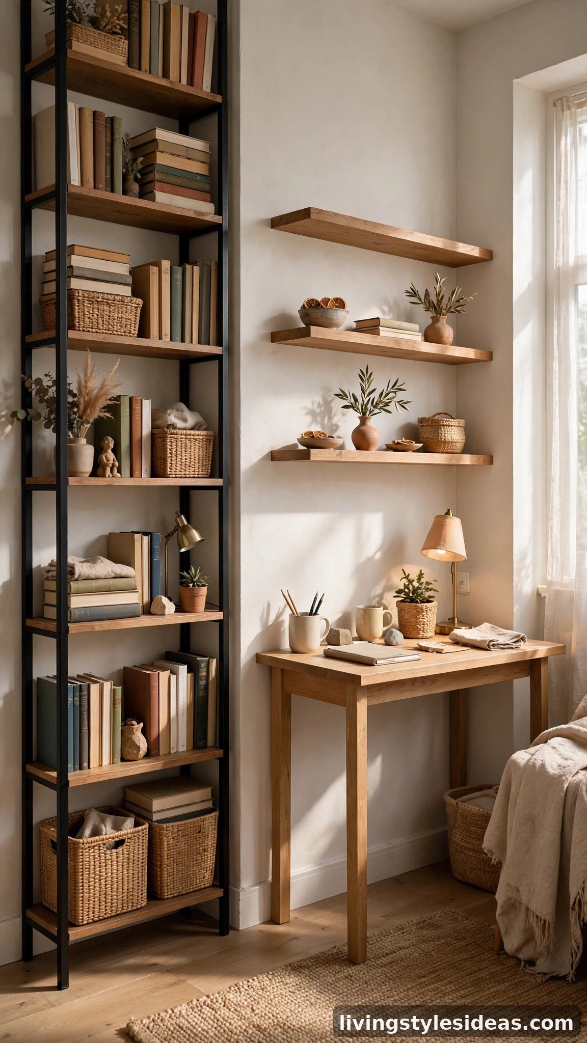 Tall open shelving maximizing vertical storage in a small studio apartment