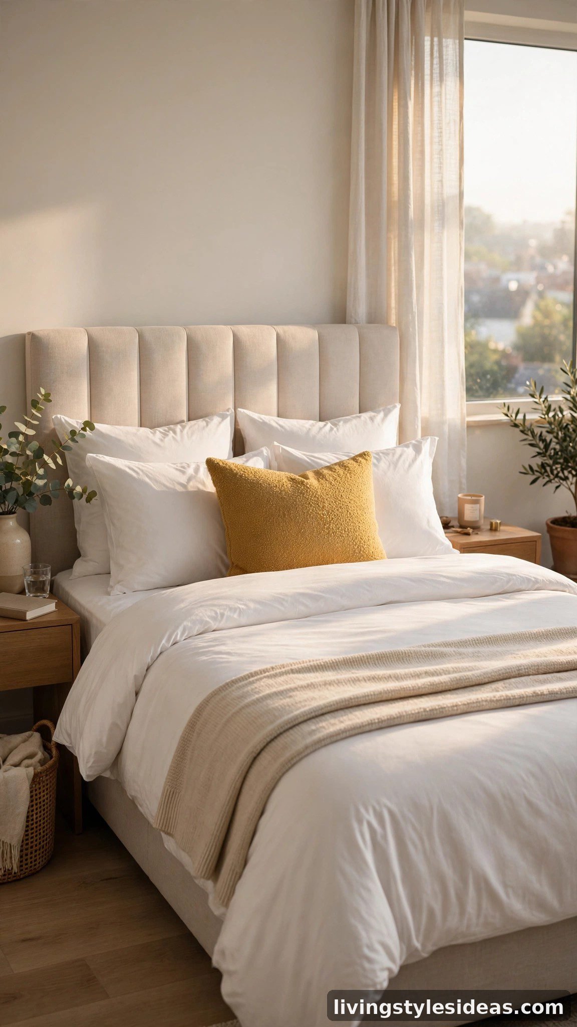 Hotel-style bed with crisp white linens and layered pillows in a studio apartment