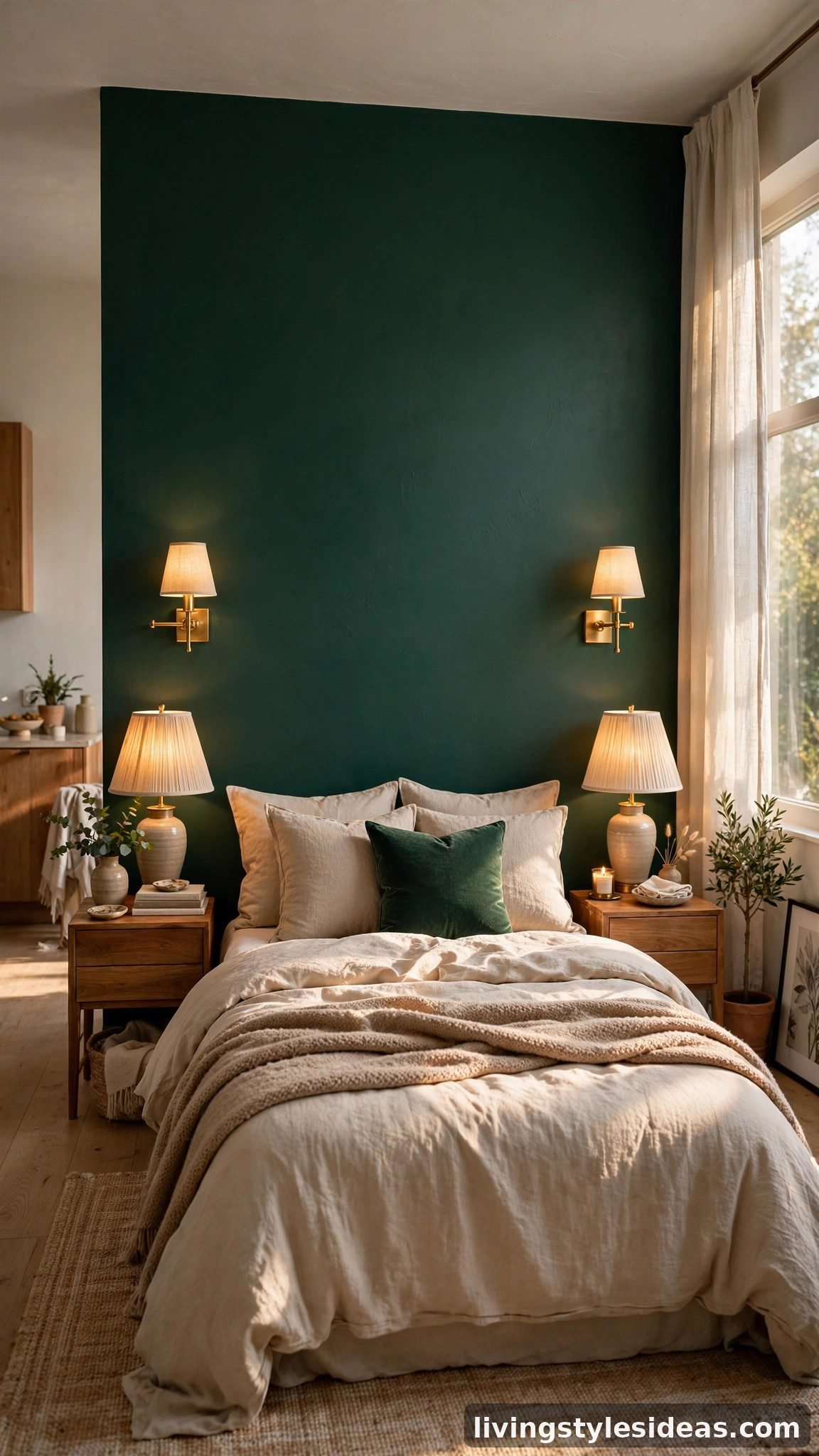 Deep green accent wall behind the bed in an upgraded studio apartment