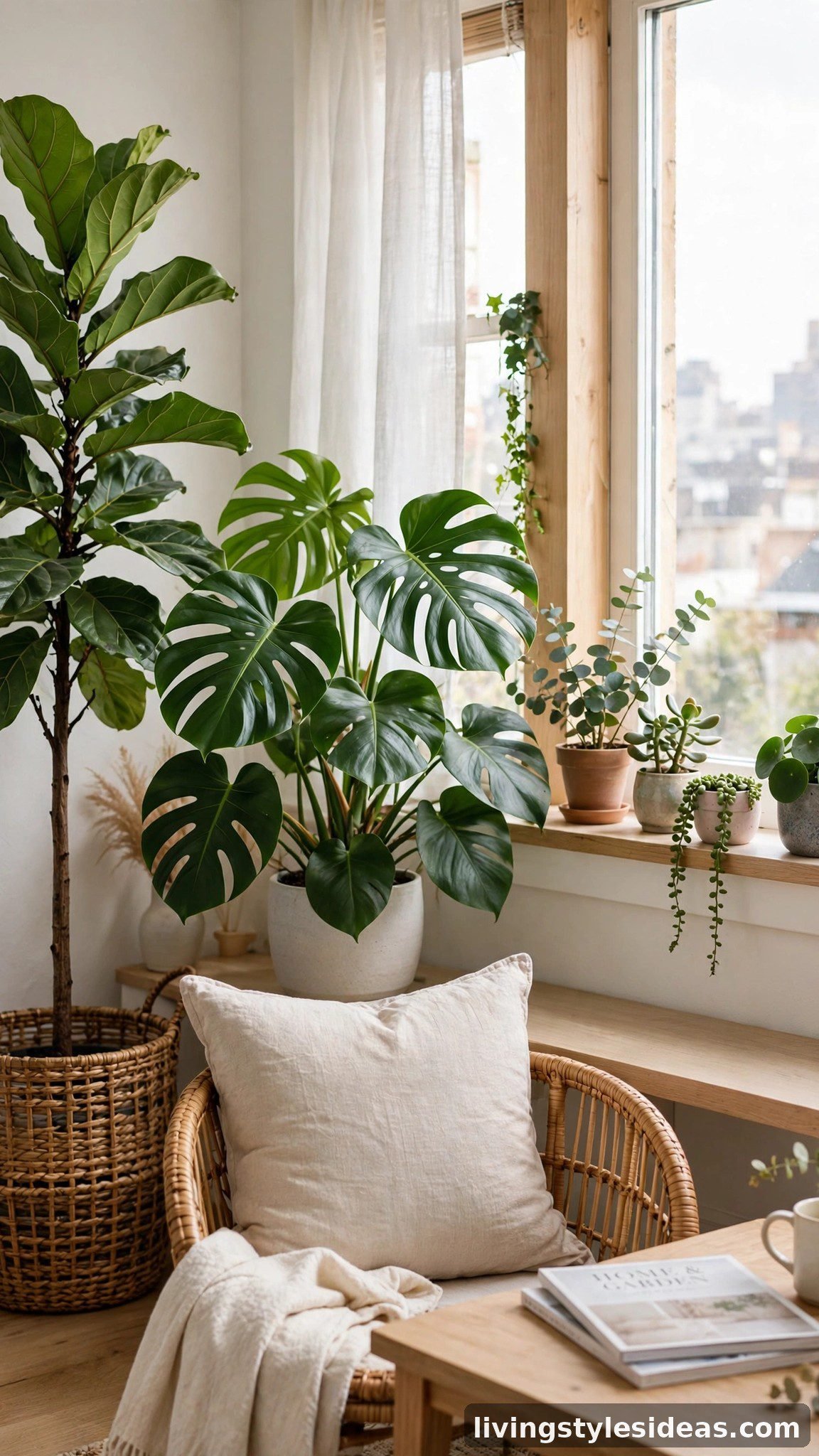 Indoor plants in woven baskets brightening a studio apartment living corner