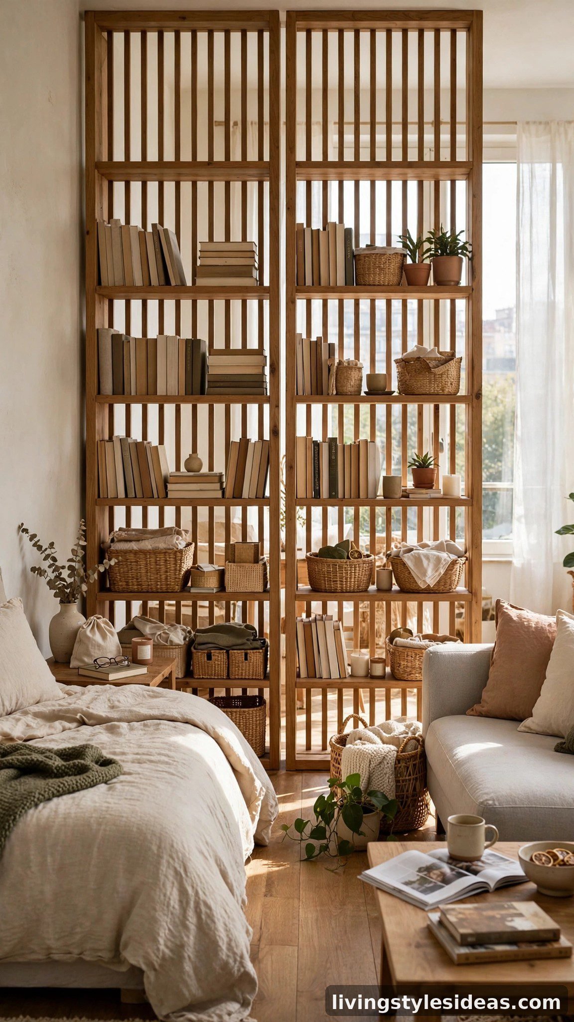 Open bookshelf room divider separating the sleeping area in a studio apartment