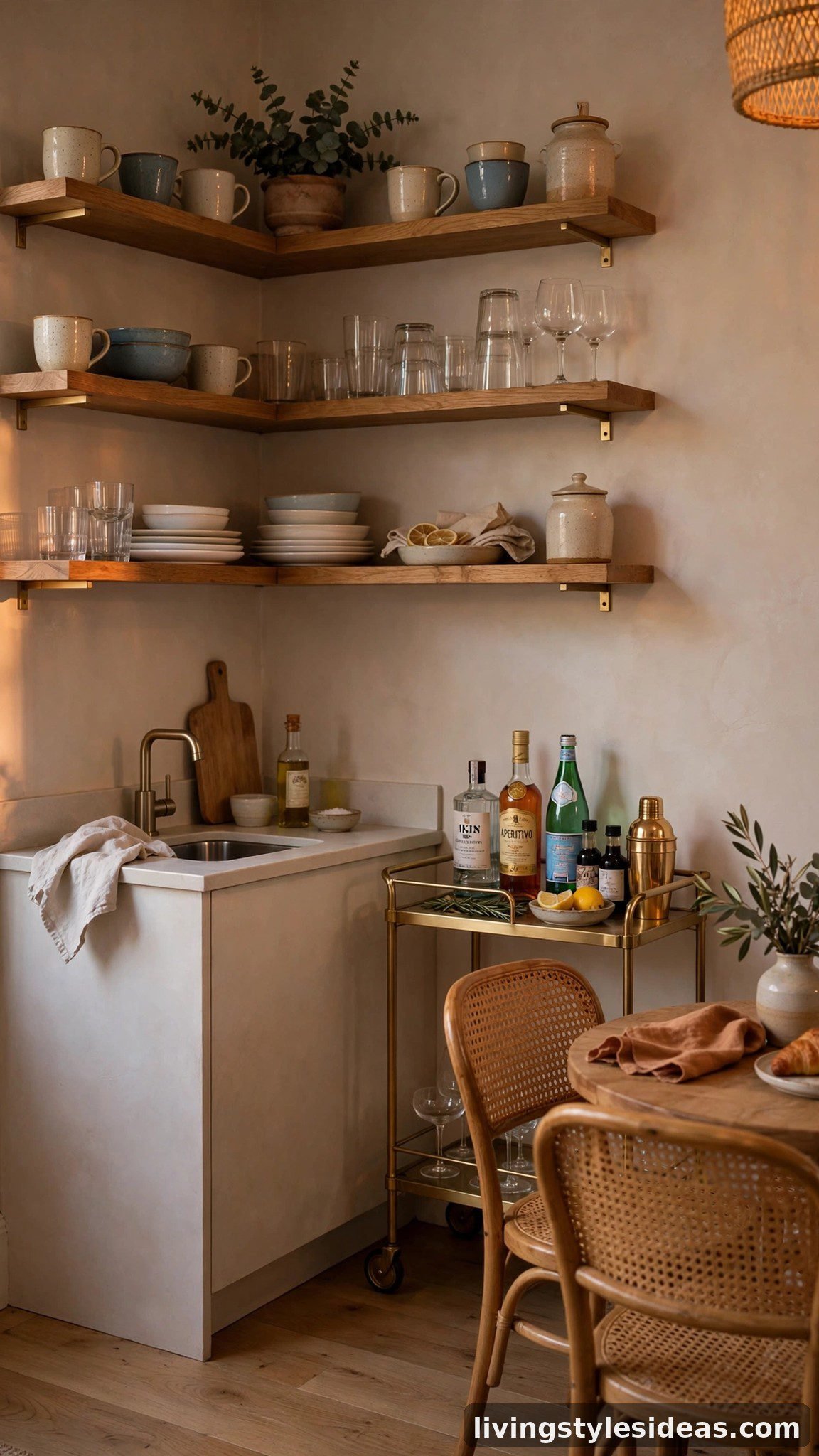 Refreshed studio kitchenette with open wooden shelves and a styled bar cart