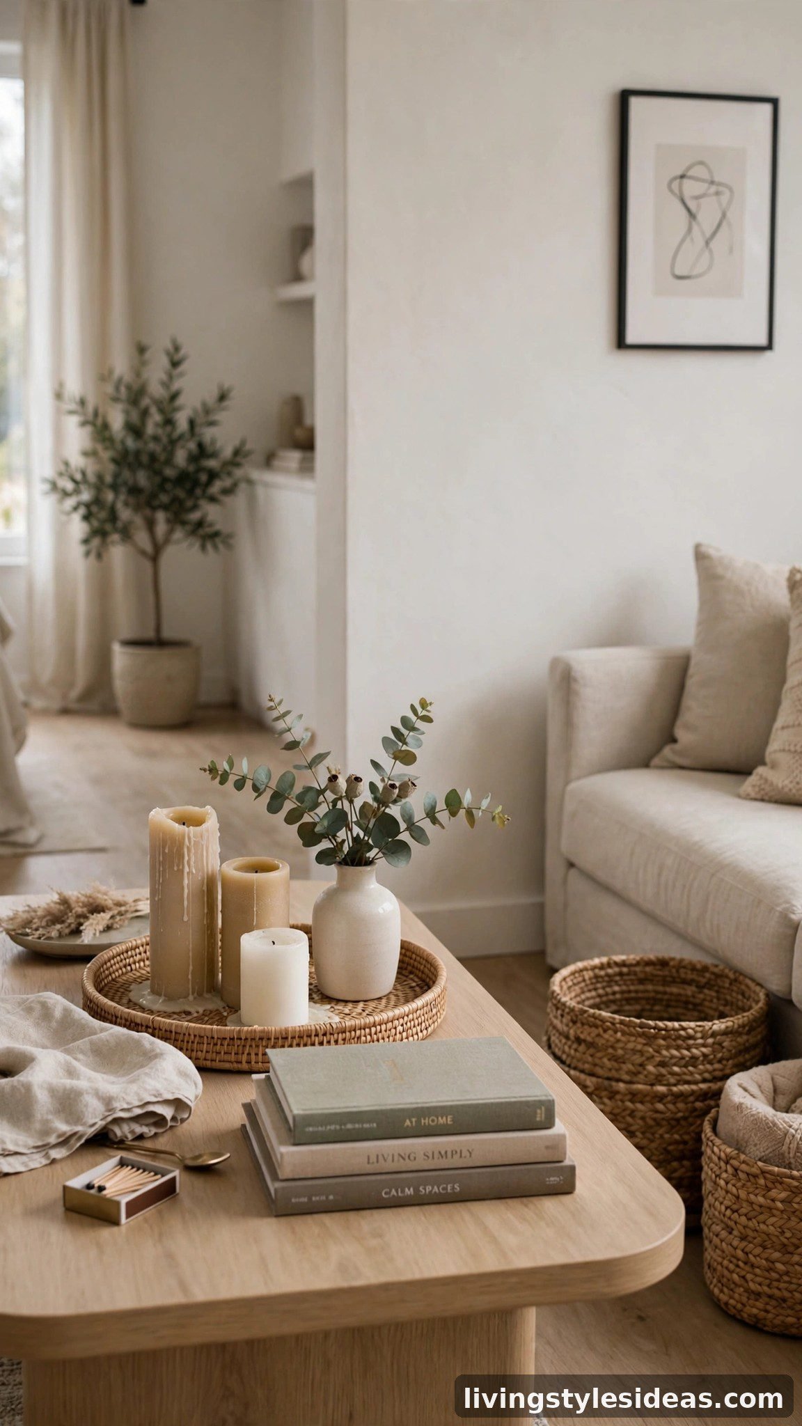 Styled coffee table tray with candles and woven storage baskets in a studio apartment