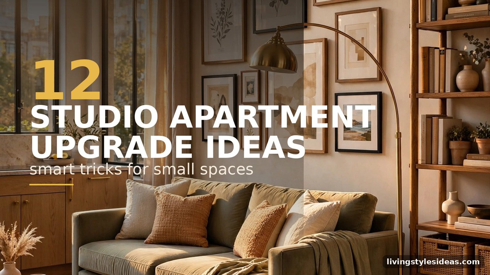 Upgraded studio apartment interior with elegant sofa, arc lamp and gallery wall