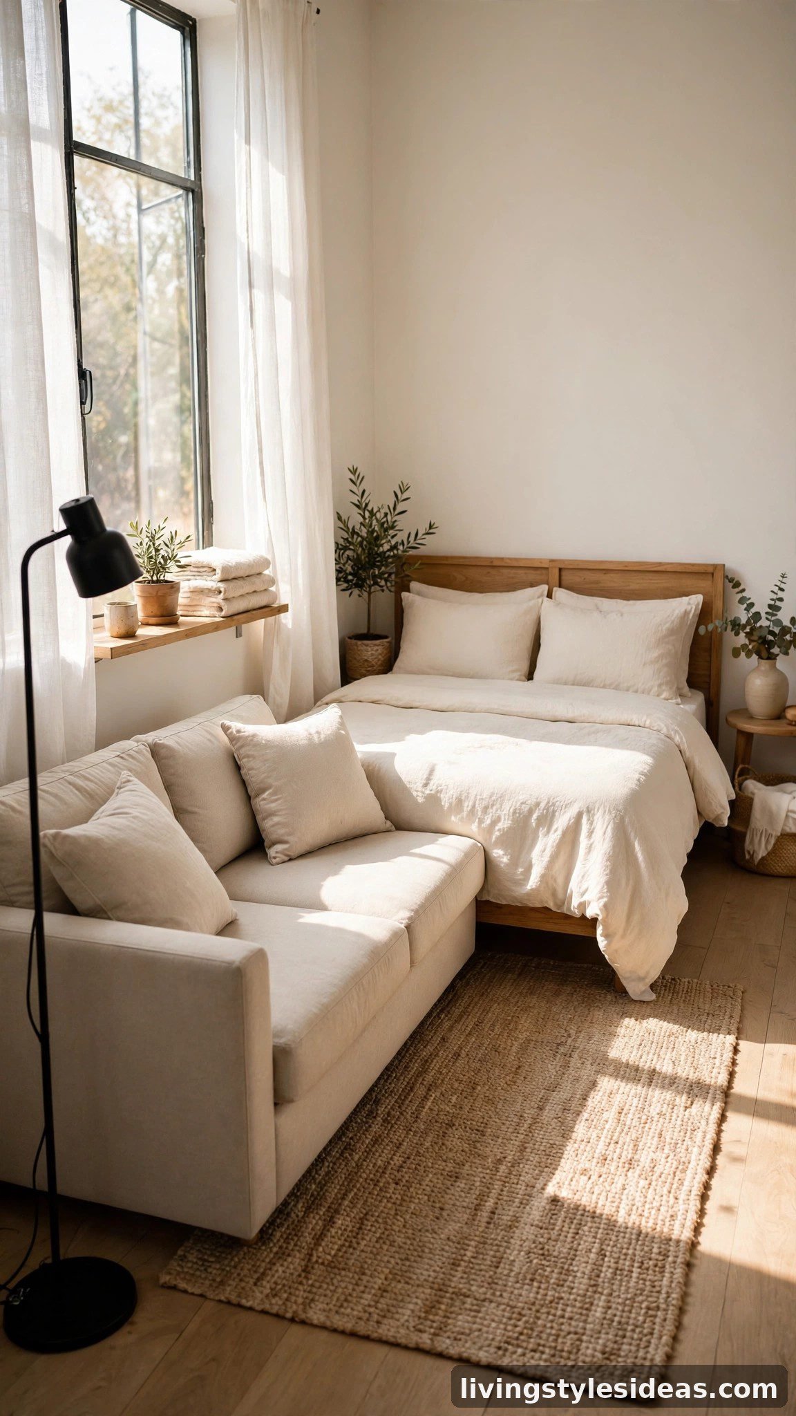 Studio apartment with bed tucked in corner and couch forming an L-shaped layout