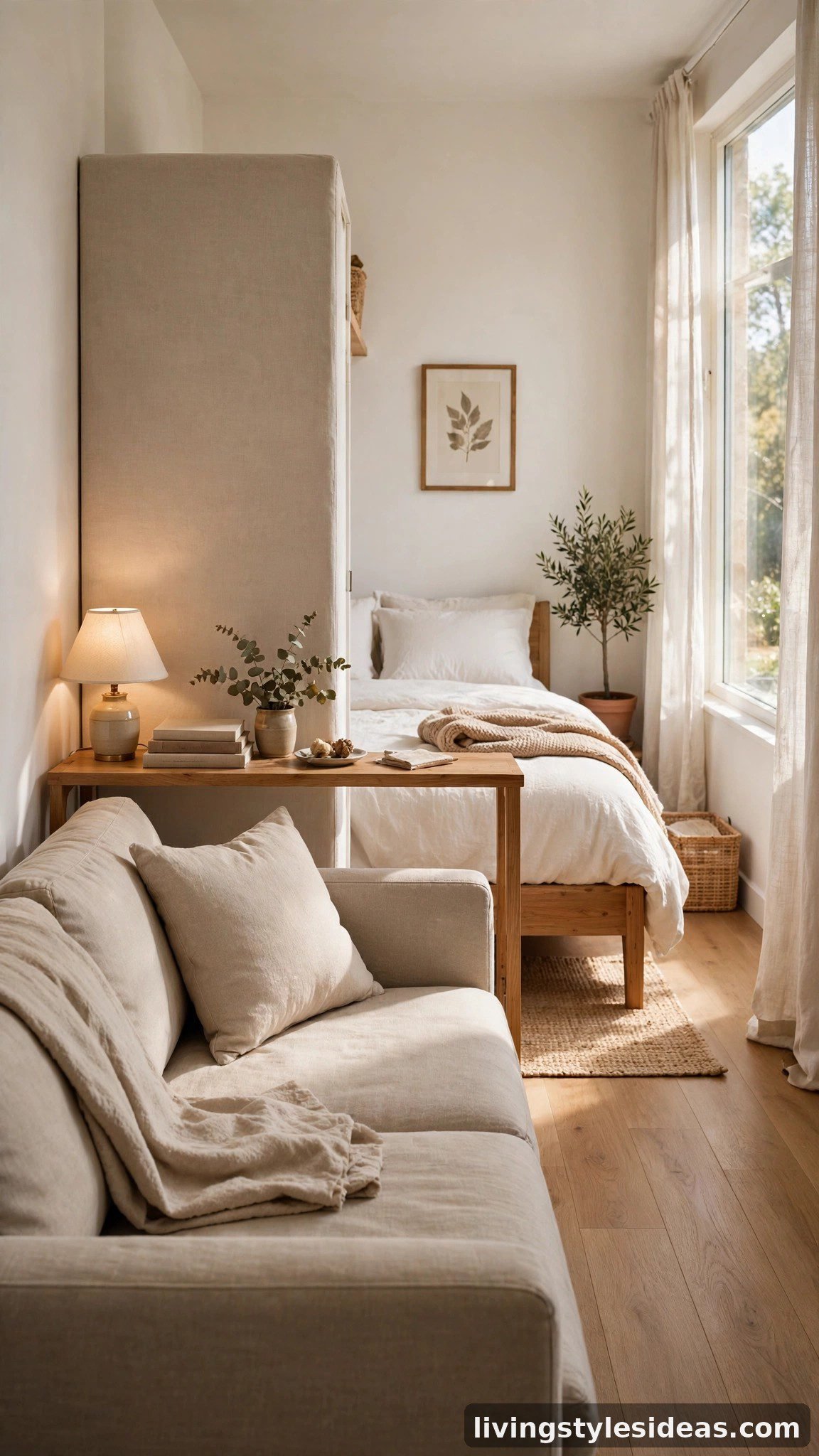 Couch placed back-to-back with bed as a room divider in a studio apartment