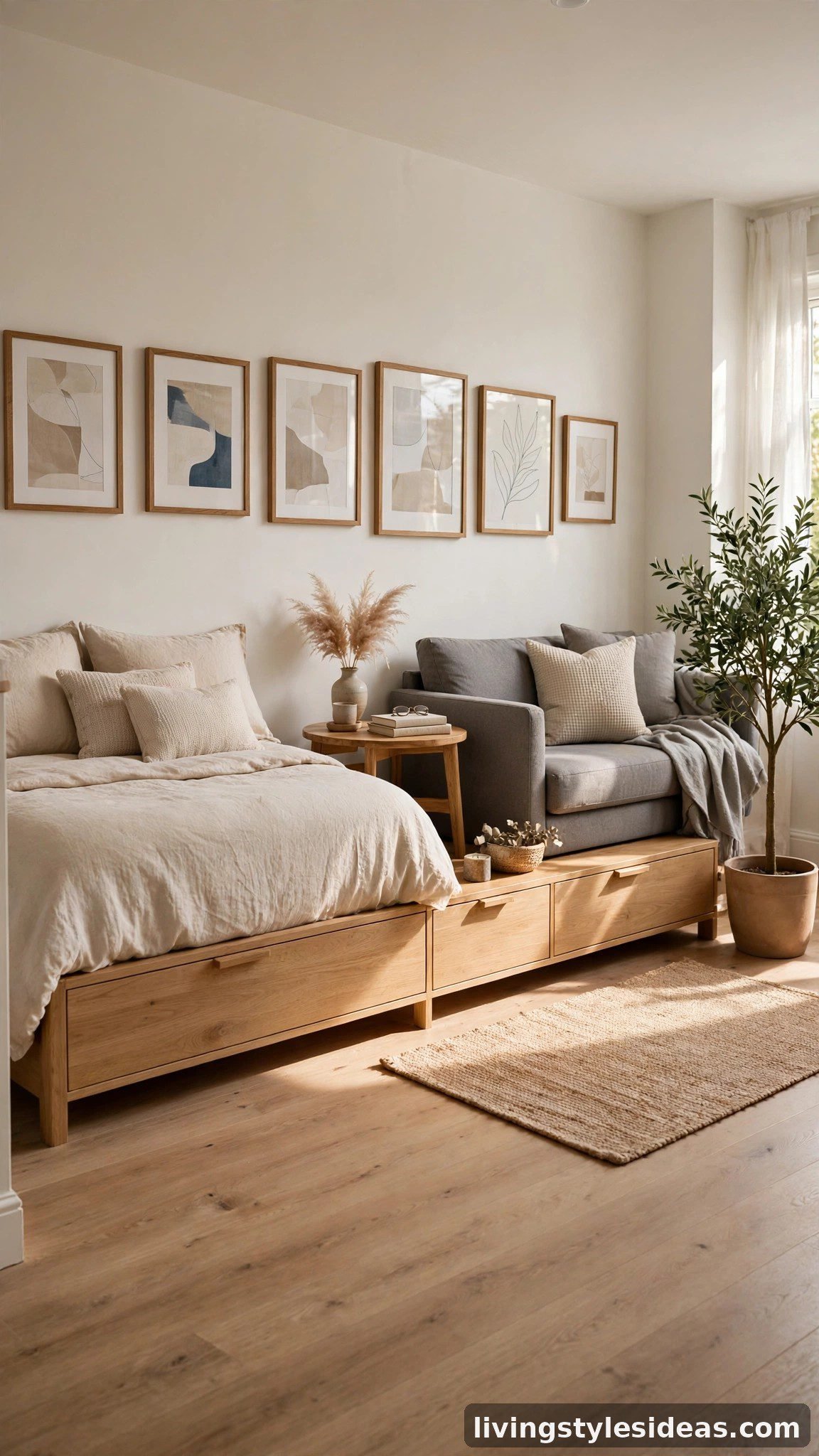 Bed and couch lined along one wall in a small studio apartment