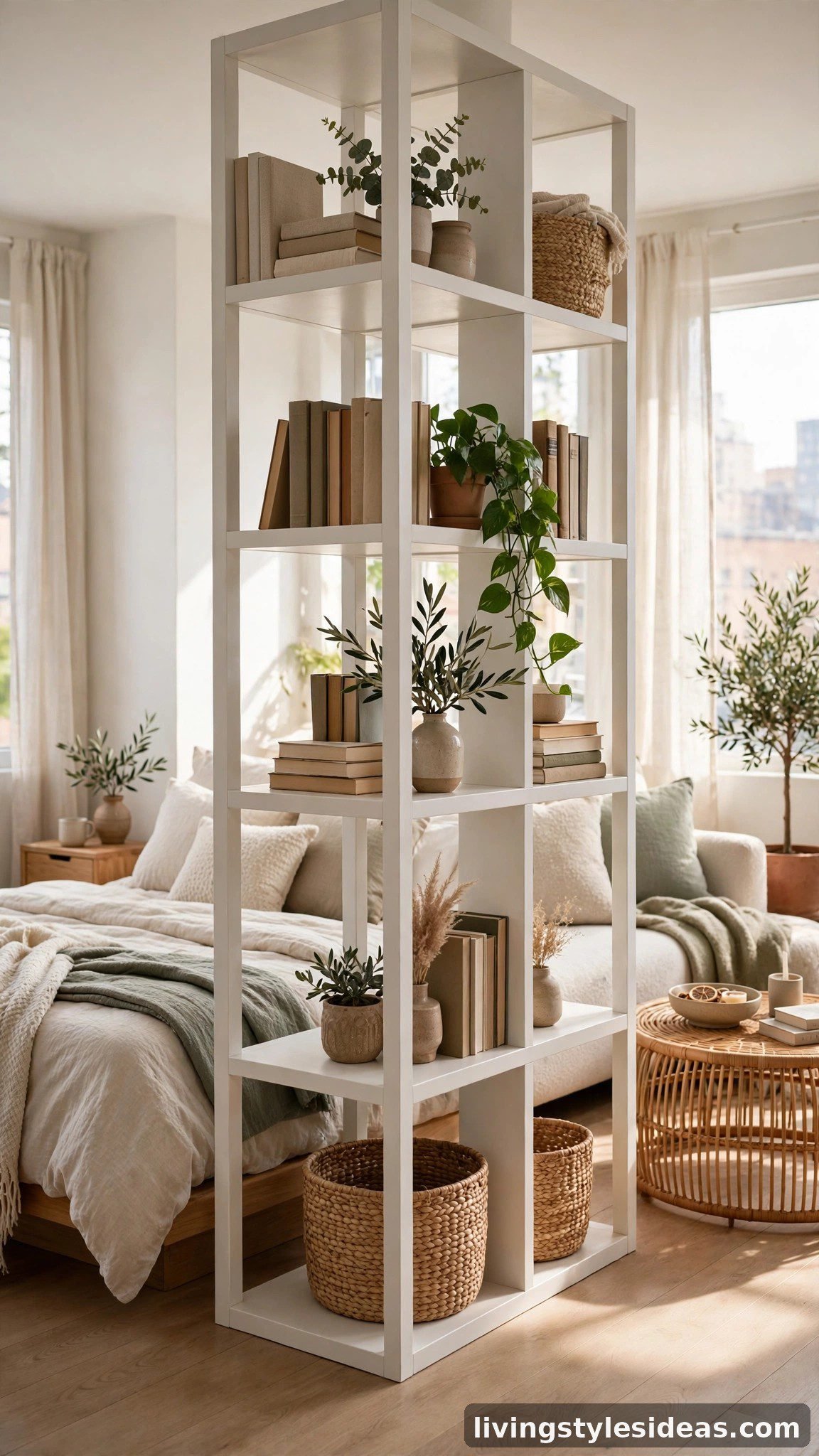 Open shelving unit dividing bed and couch zones in a studio apartment