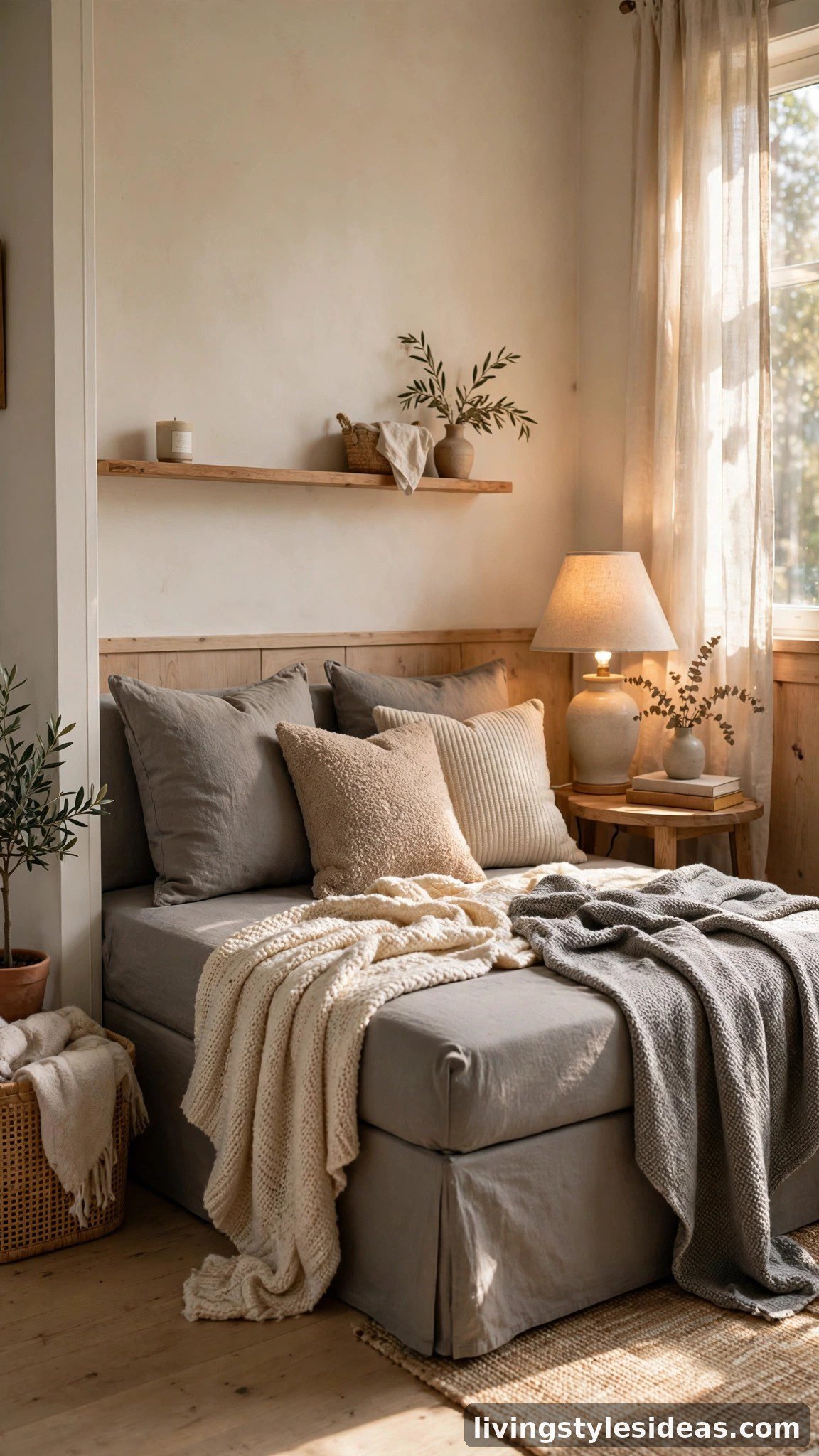 Daybed styled as a sofa with cushions in a studio apartment