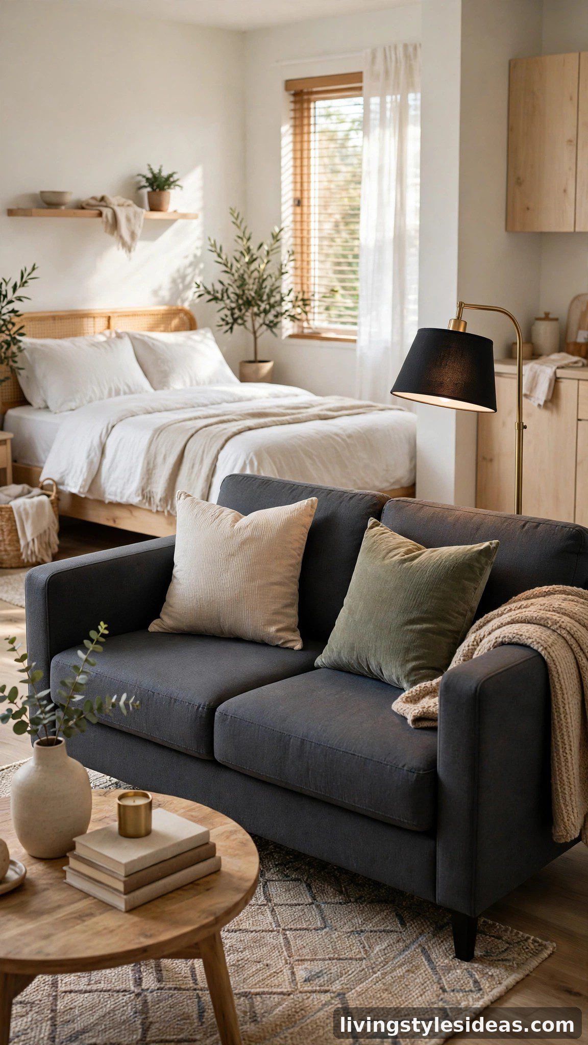Sleeper sofa in a studio living area that converts into a bed