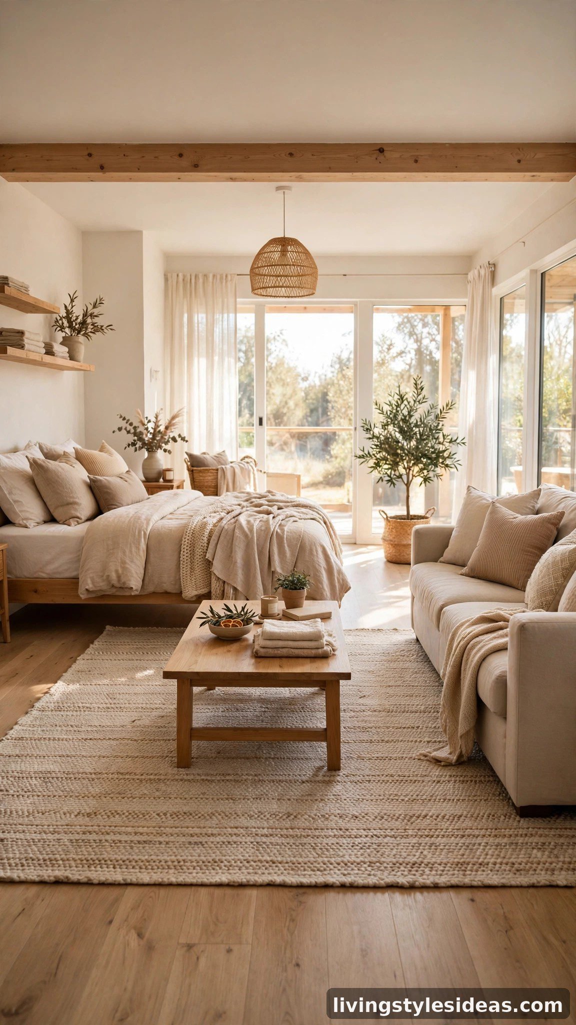 Bed and couch facing each other across a rug in a studio apartment