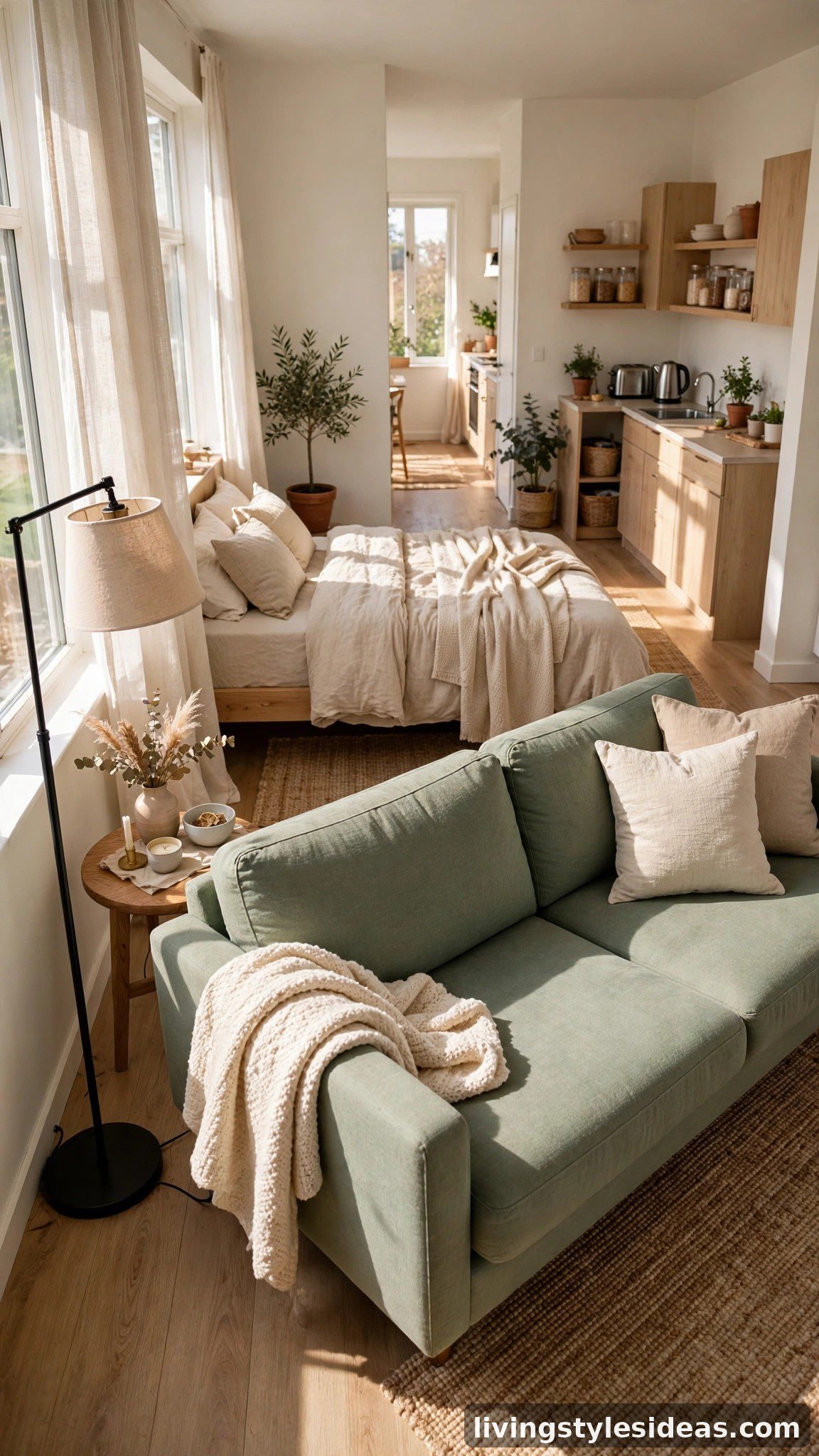Couch floated at an angle in a studio apartment with bed along the wall