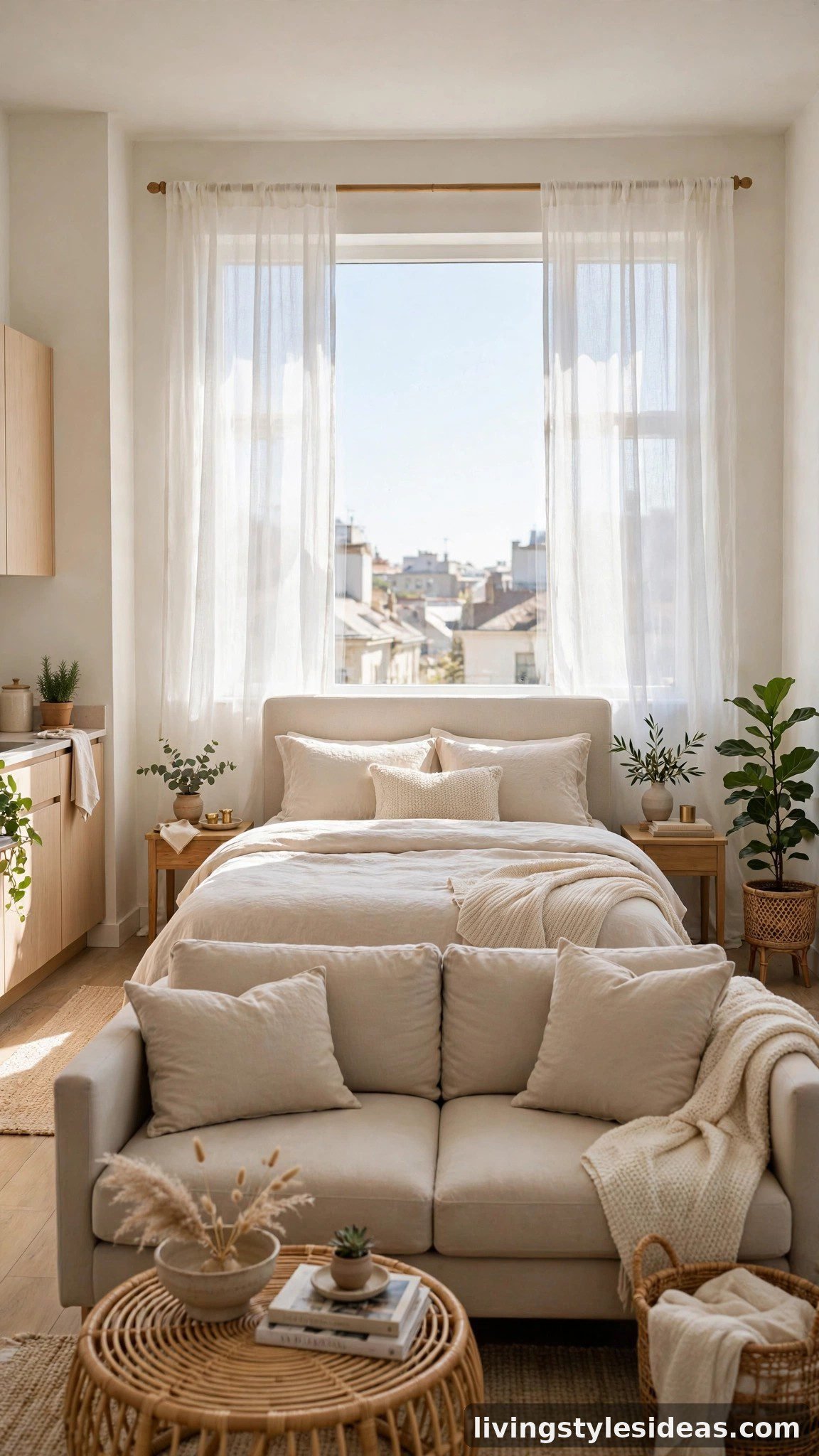 Bed placed under a large window with couch on the opposite wall in a studio