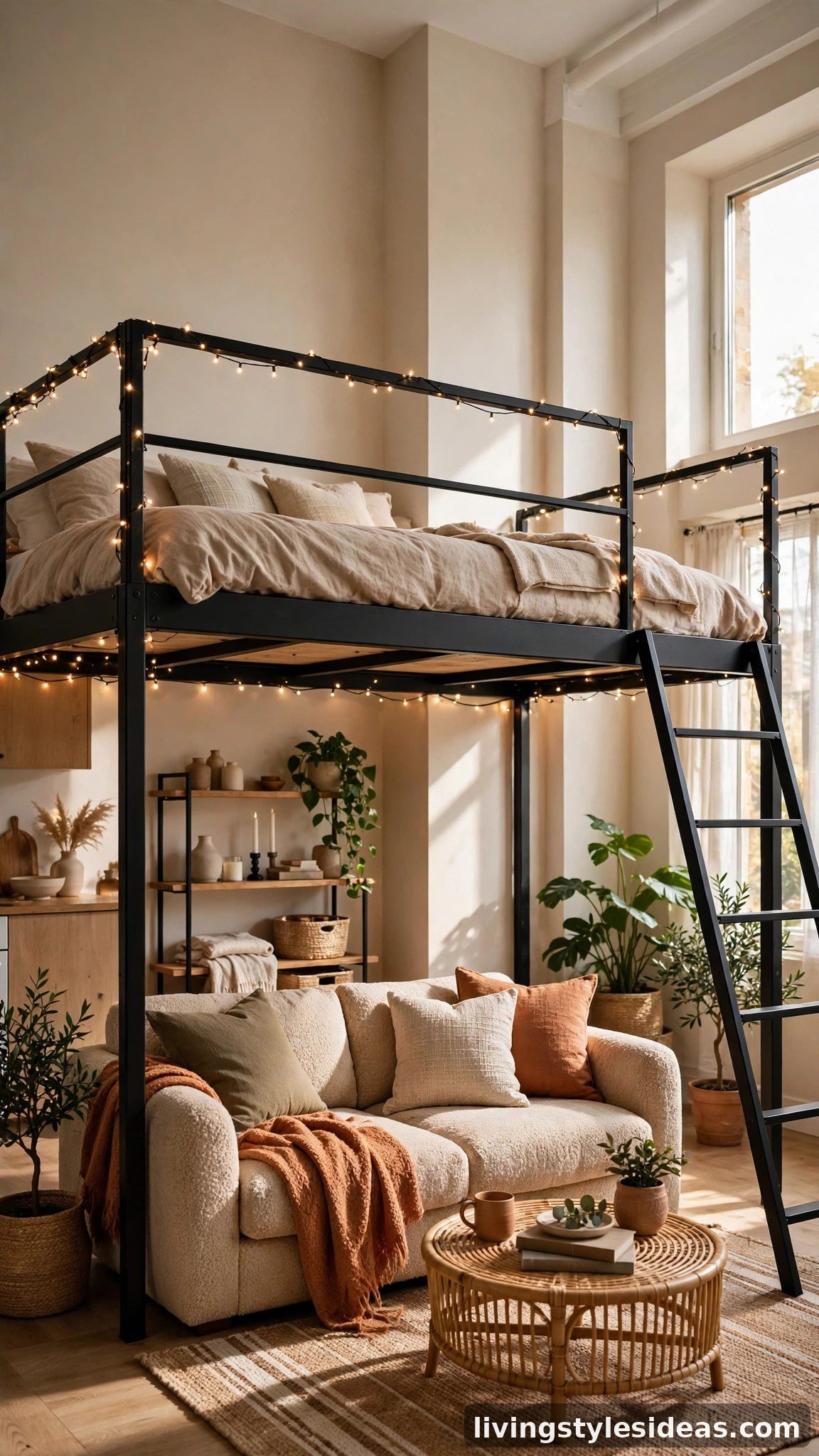 Loft bed with couch and lounge zone underneath in a studio apartment