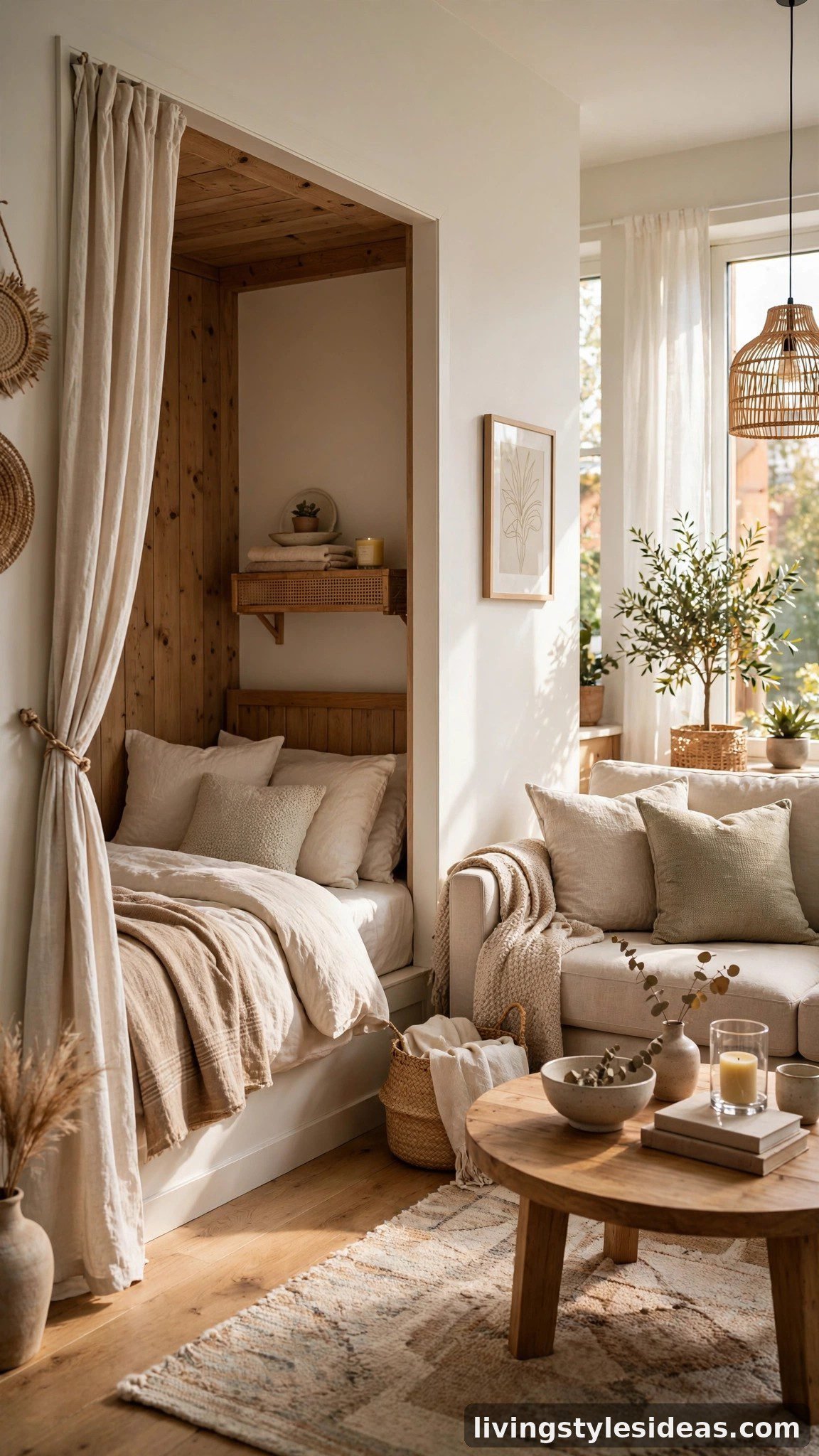Bed tucked into an alcove nook with couch in the main studio room