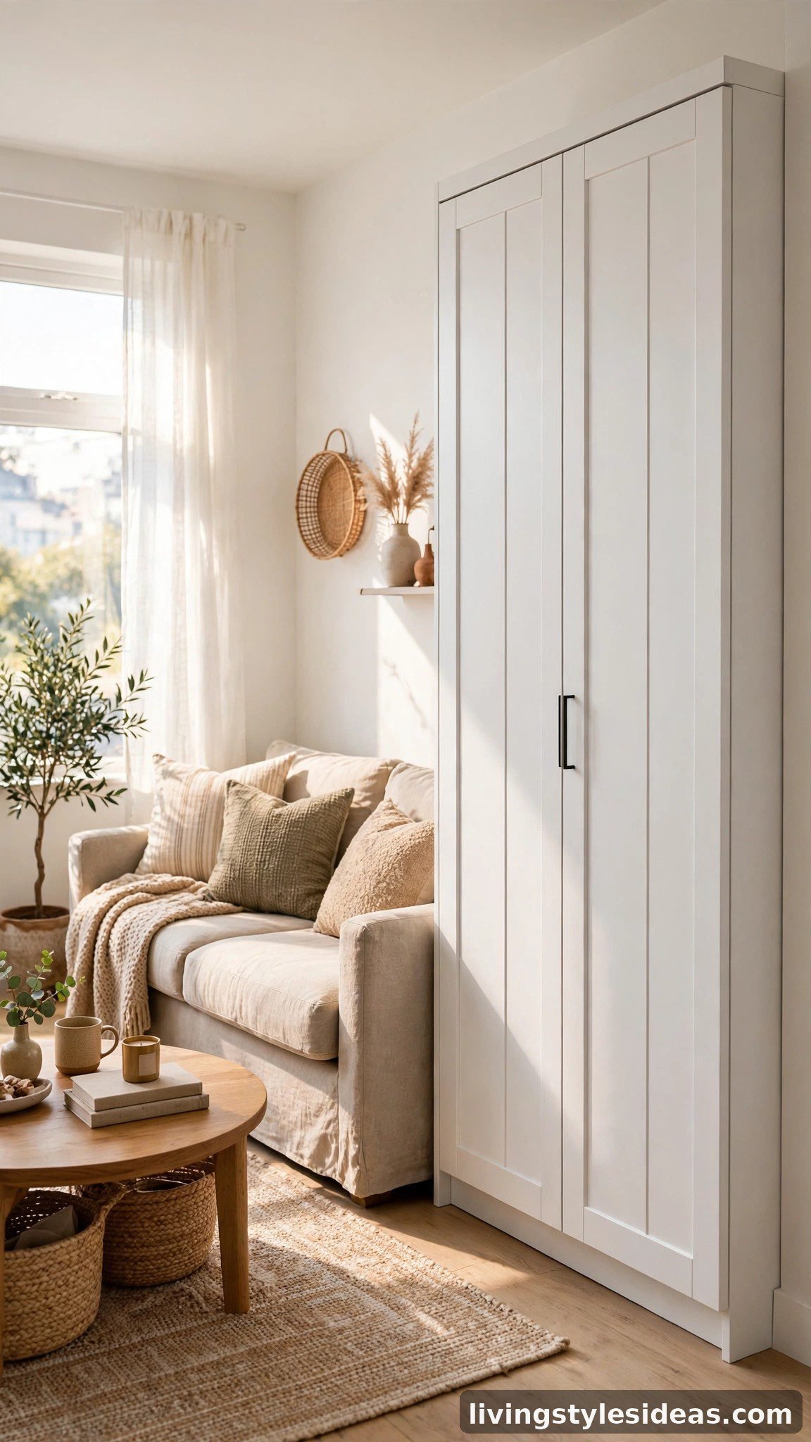 Murphy bed folded into a cabinet beside the couch in a small studio