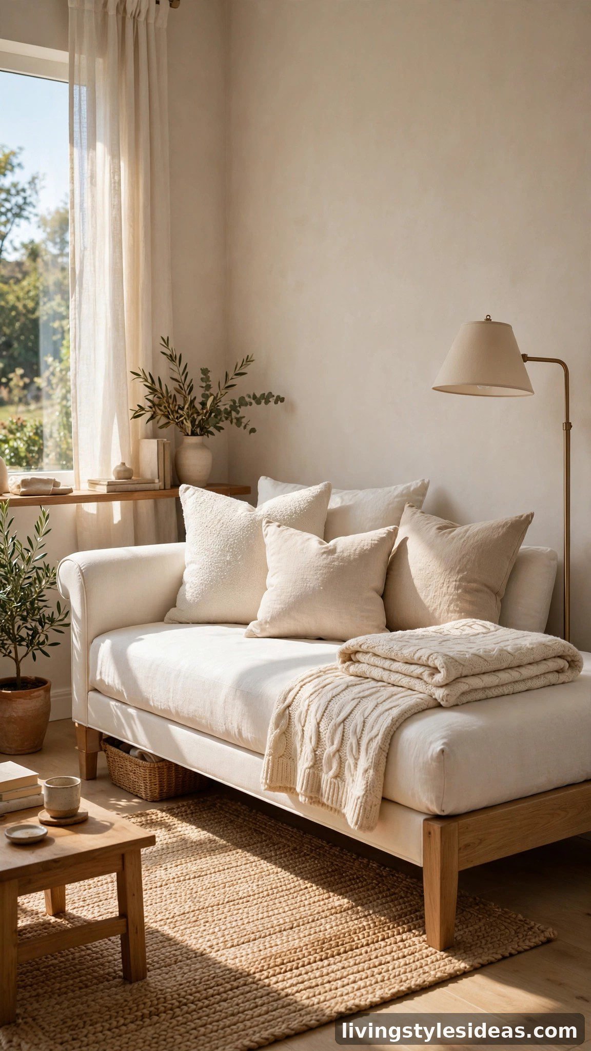 Daybed styled with throw pillows as a sofa in a bright studio apartment