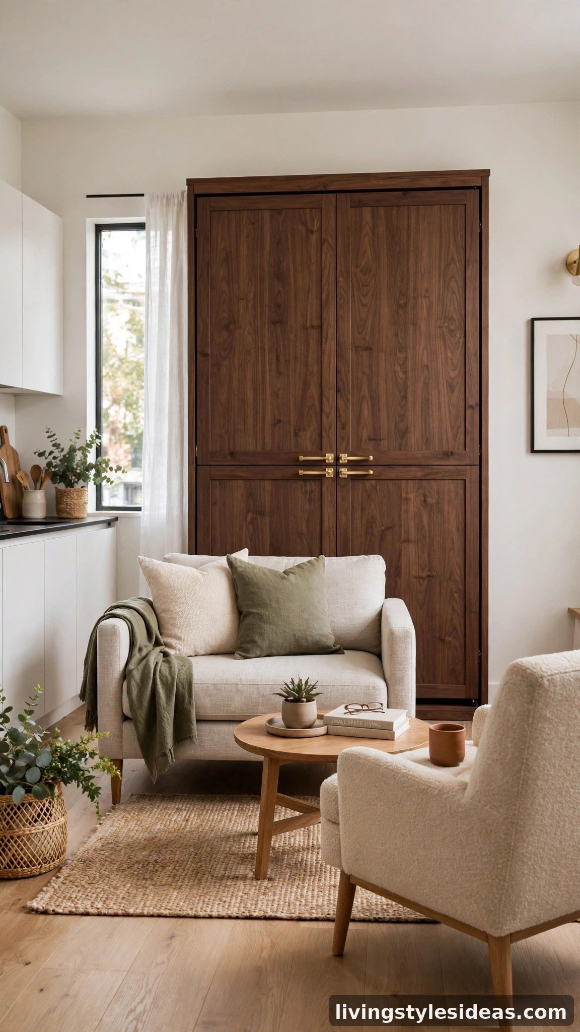 Modern Murphy wall bed cabinet closed in a small studio living space