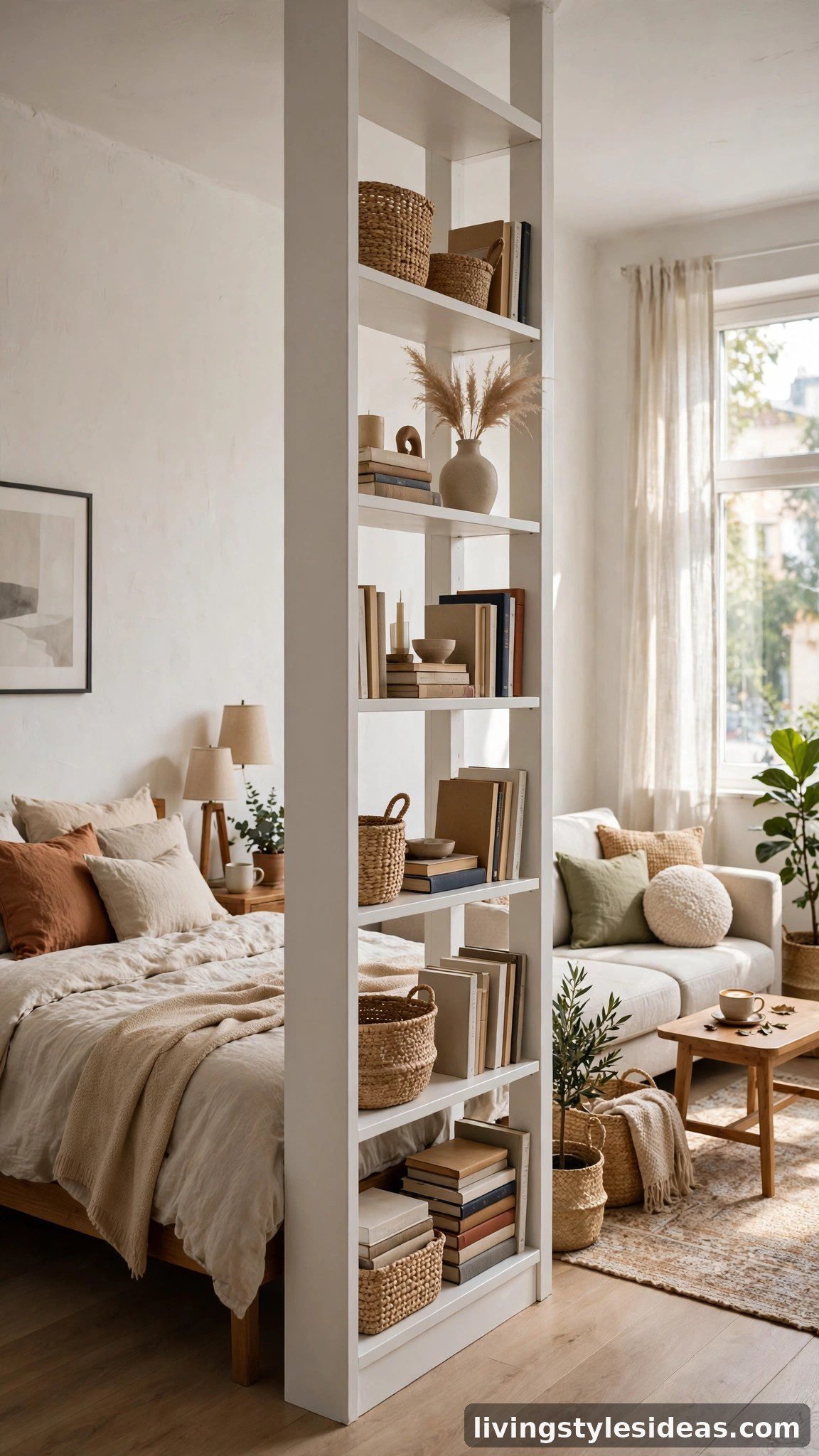 Open-back bookcase dividing bedroom and living zones in a studio apartment