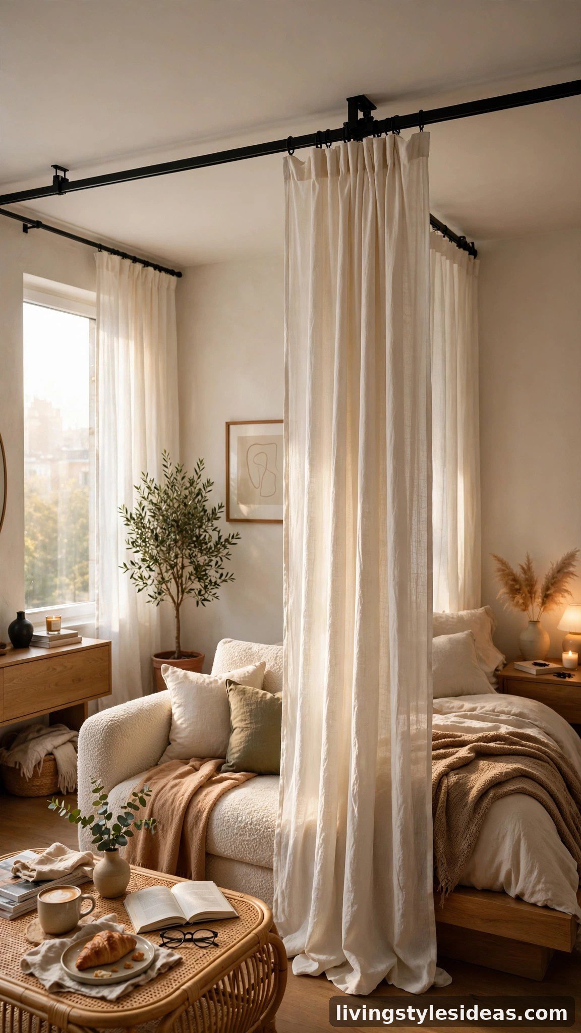 Ceiling-track linen curtains separating the sleeping zone in a studio