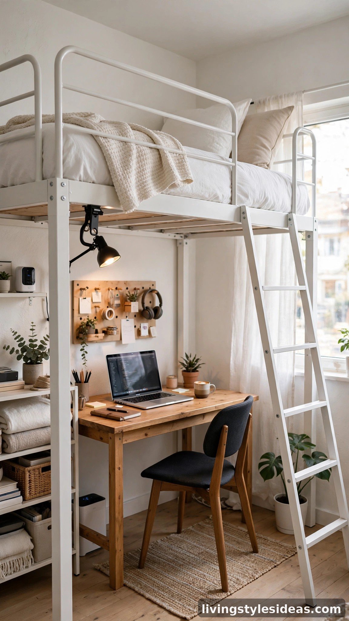 Loft bed with a home office desk setup underneath in a studio apartment