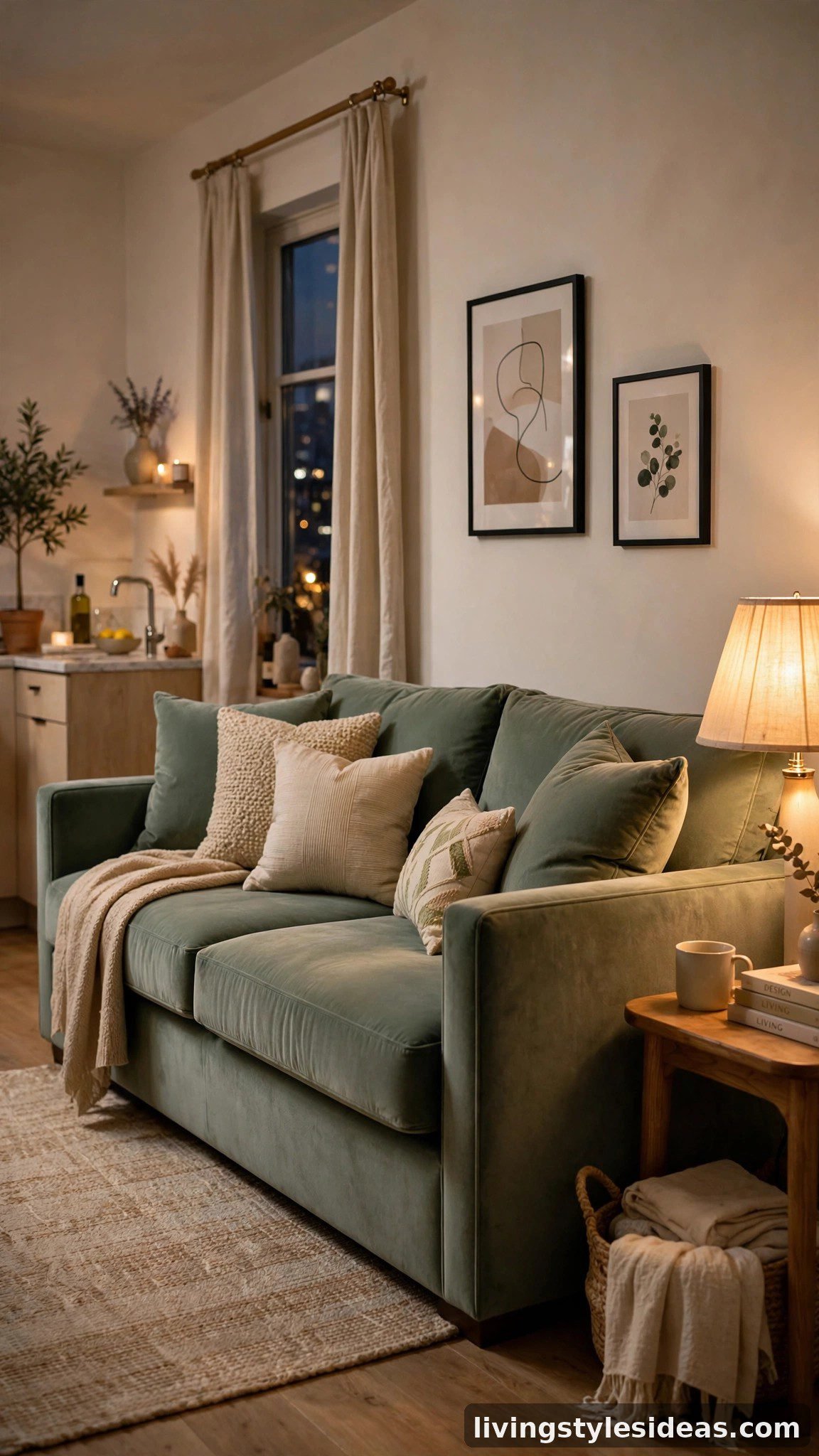 Stylish sleeper sofa anchoring the living area of a small studio