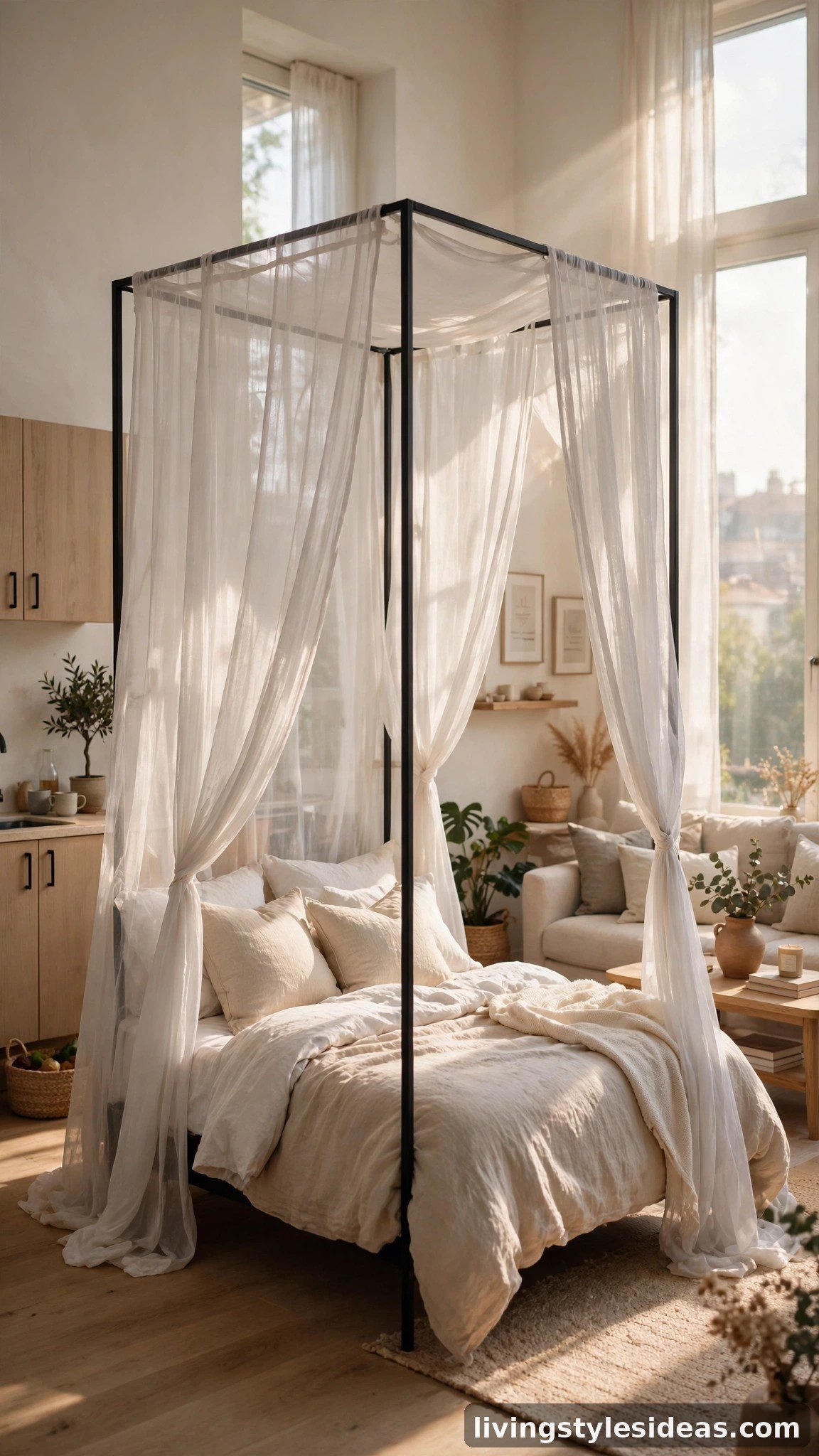 Canopy bed with sheer drapes creating a private sleep nook in a studio