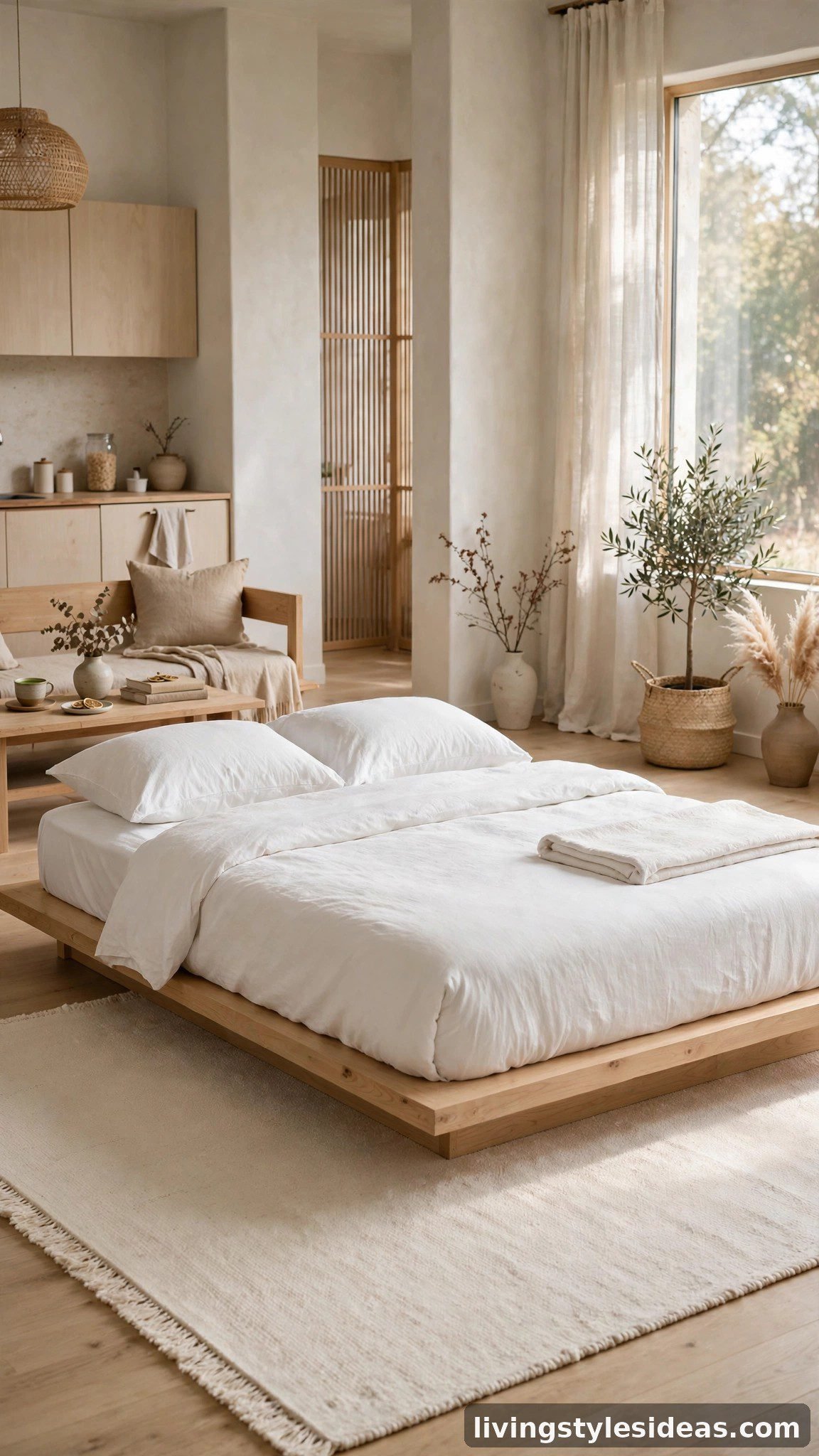 Low platform bed on a large area rug defining the bedroom zone